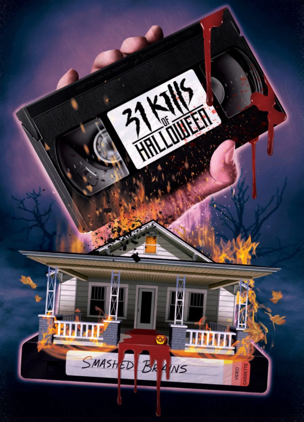 A haunted scene with a house on fire, a large VHS tape labeled "21 Kids of Halloween," blood dripping from the cassette, and spooky elements like pumpkins and dead trees, creating a horror-themed collage.