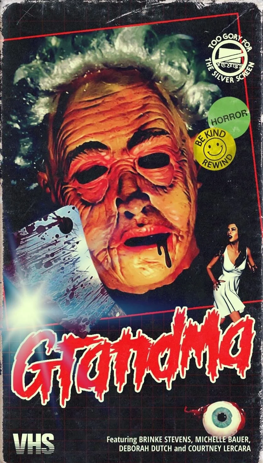 Cover of a horror VHS tape titled 'GIGGING' featuring a large, distorted face with a zombie-like appearance, blood dripping from the mouth, and dark eye sockets. A woman in a white dress stands to the right, and there are horror-themed stickers that