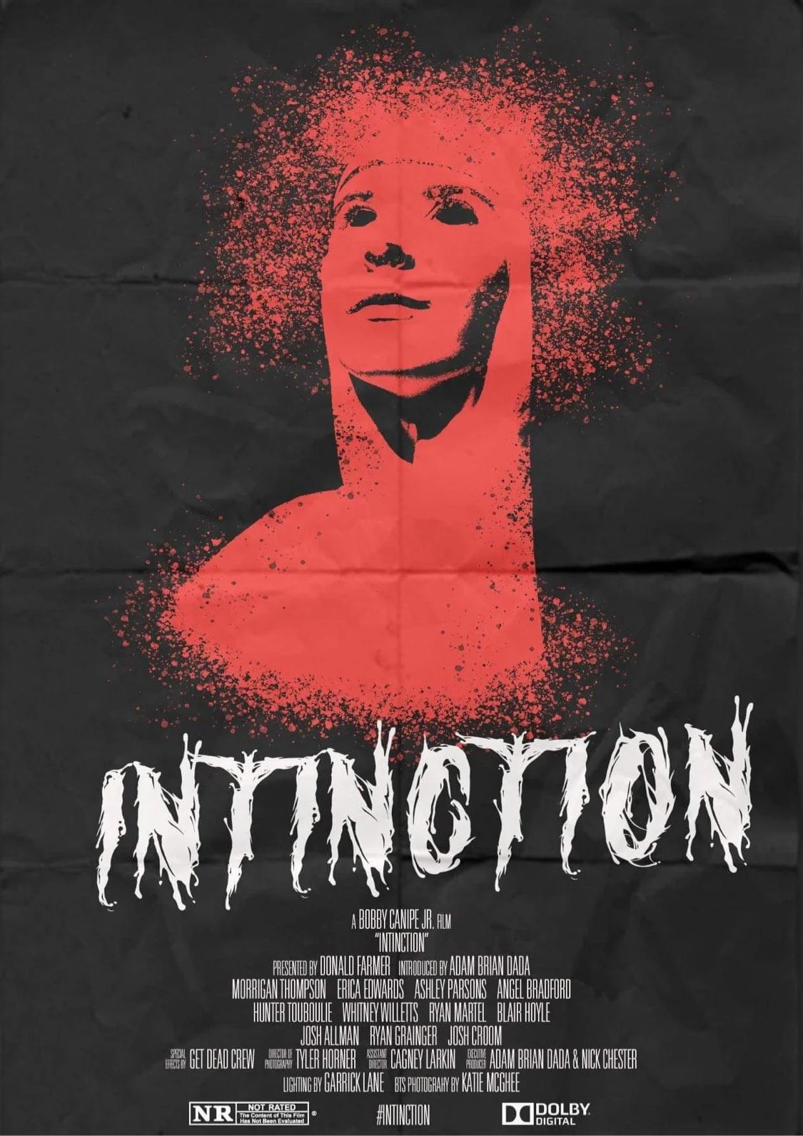 A horror movie poster titled 'Intinction' features a humanoid figure with an abstract, pixelated face and curly hair, presented against a black background with red and white text.