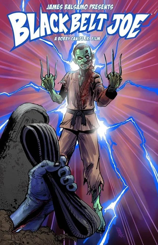Poster for the film 'Black Belt Joe' featuring a zombie martial artist with glowing green skin, tattered clothing, and claws, lightning bolts in the background, and a hand holding a shoe in the foreground.