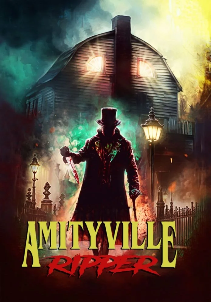 A creepy figure in a top hat holding a bloody knife stands in front of a haunted house with glowing windows. The scene is dark and foggy with street lamps and a fence in the background. Text reads 'AMITYVILLE RIPPER.'