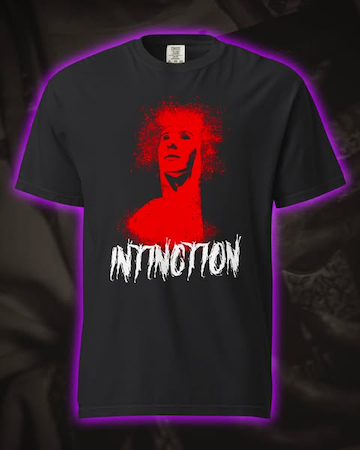 black tee shirt with the intinction logo and a red image of a nun