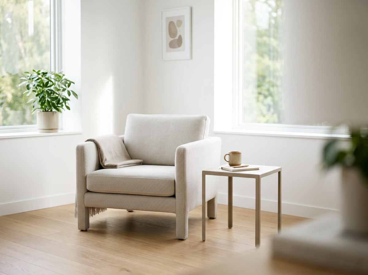Bright living room with a beige armchair, potted plant on windowsill, side table with mug and book, and framed art on white wall