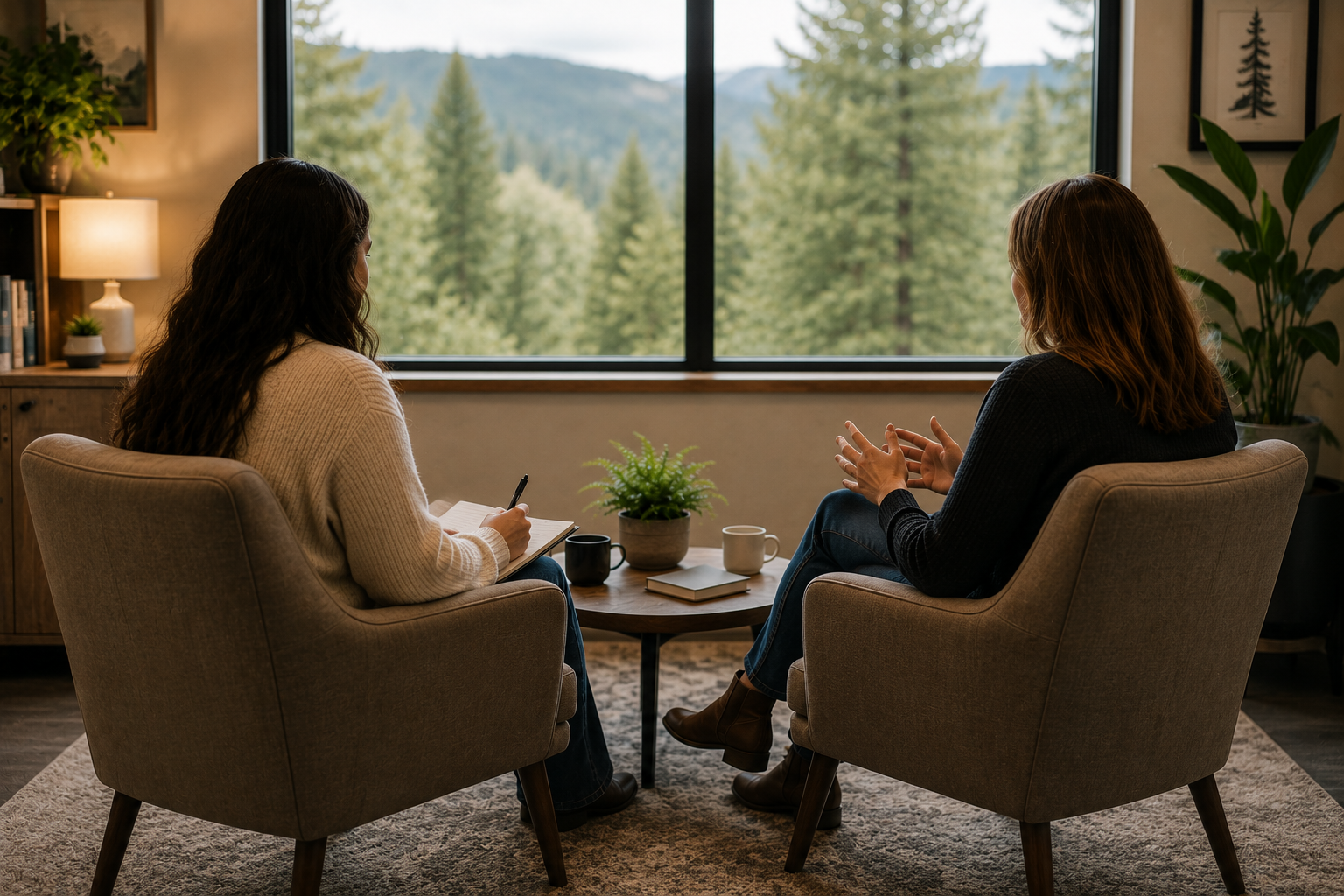 Two women sit in armchairs across from each other, having a conversation in a cozy room with a large window overlooking a forested mountain landscape.
