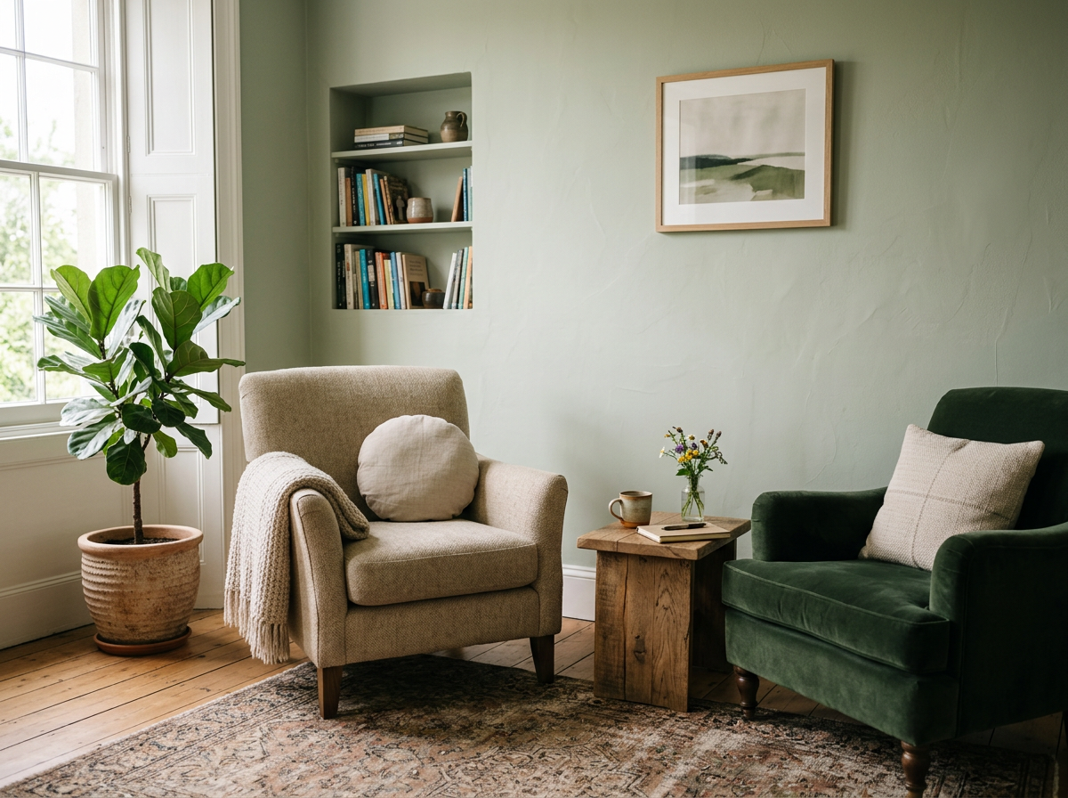 Cozy living room corner with a large window, potted fiddle leaf fig plant, beige armchair with a round pillow and throw blanket, dark green armchair with a pillow, wooden side table with a flower vase, mug, and notebook, patterned rug, and bookshelf with books and decorative items on a green wall.