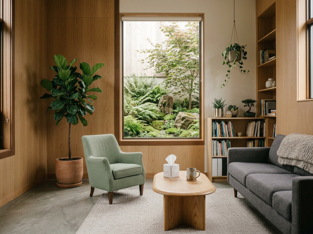 Living room with large window showcasing a lush indoor garden with rocks and plants, including a fiddle leaf fig in a pot, a light green armchair, a dark gray sofa with a blanket, a wooden coffee table with a tissue box and mug, and bookshelves with green plants and books, with wooden walls and a gray floor.