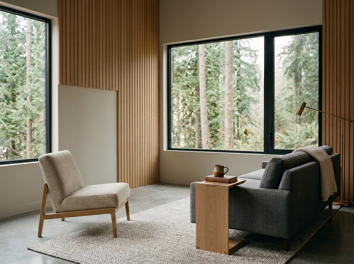Living room with large windows showing forest outside, beige armchair, gray sofa with a blanket, wooden side table with a mug and books, and a floor lamp.