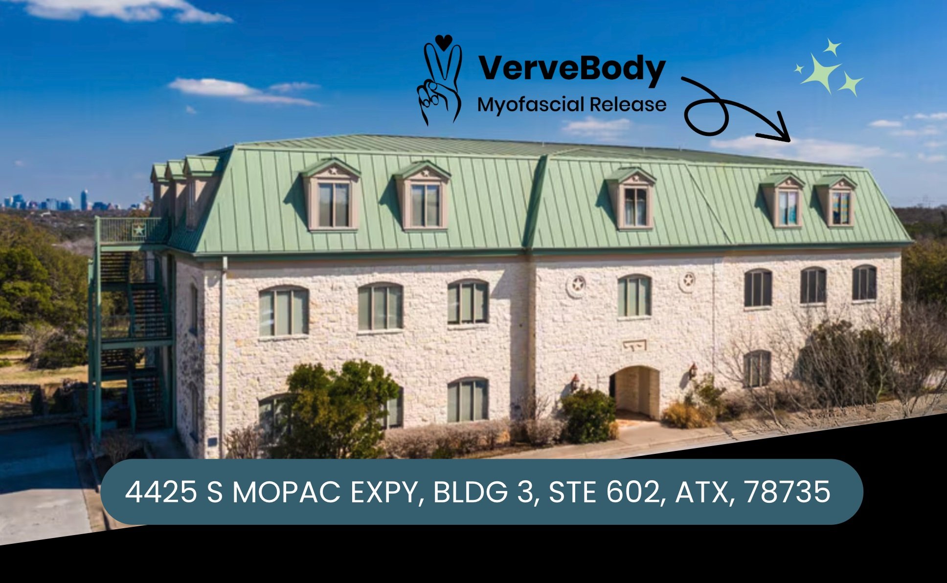 Myofascial Release Austin. Chronic Pain Relief. Myofascial Massage. MFR Therapist Austin. South Austin Myofascial Release. VerveBody Myofascial Release address 4425 S MOPAC EXPY, BLDG 3, STE 602, ATX, 78735.