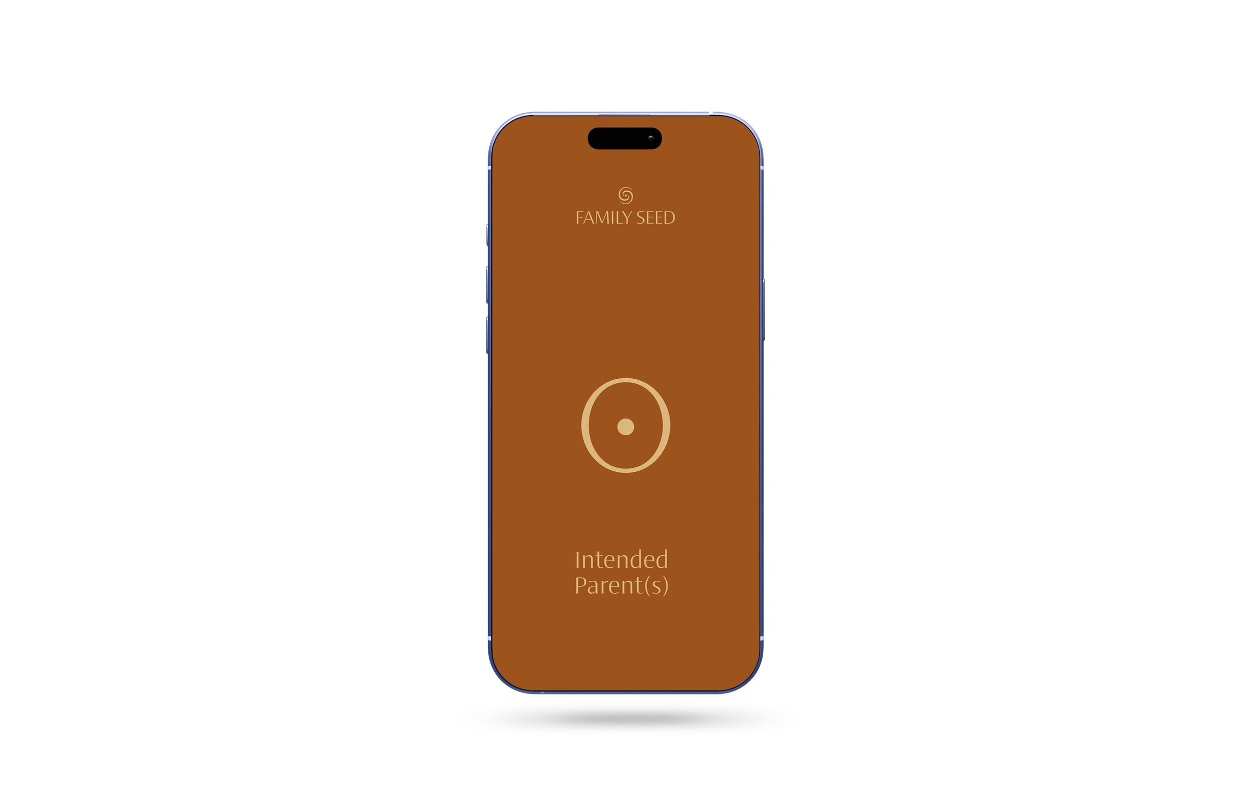 Smartphone screen displaying an app called FAMILY SEED, with a central icon and the words Intended Parent(s).