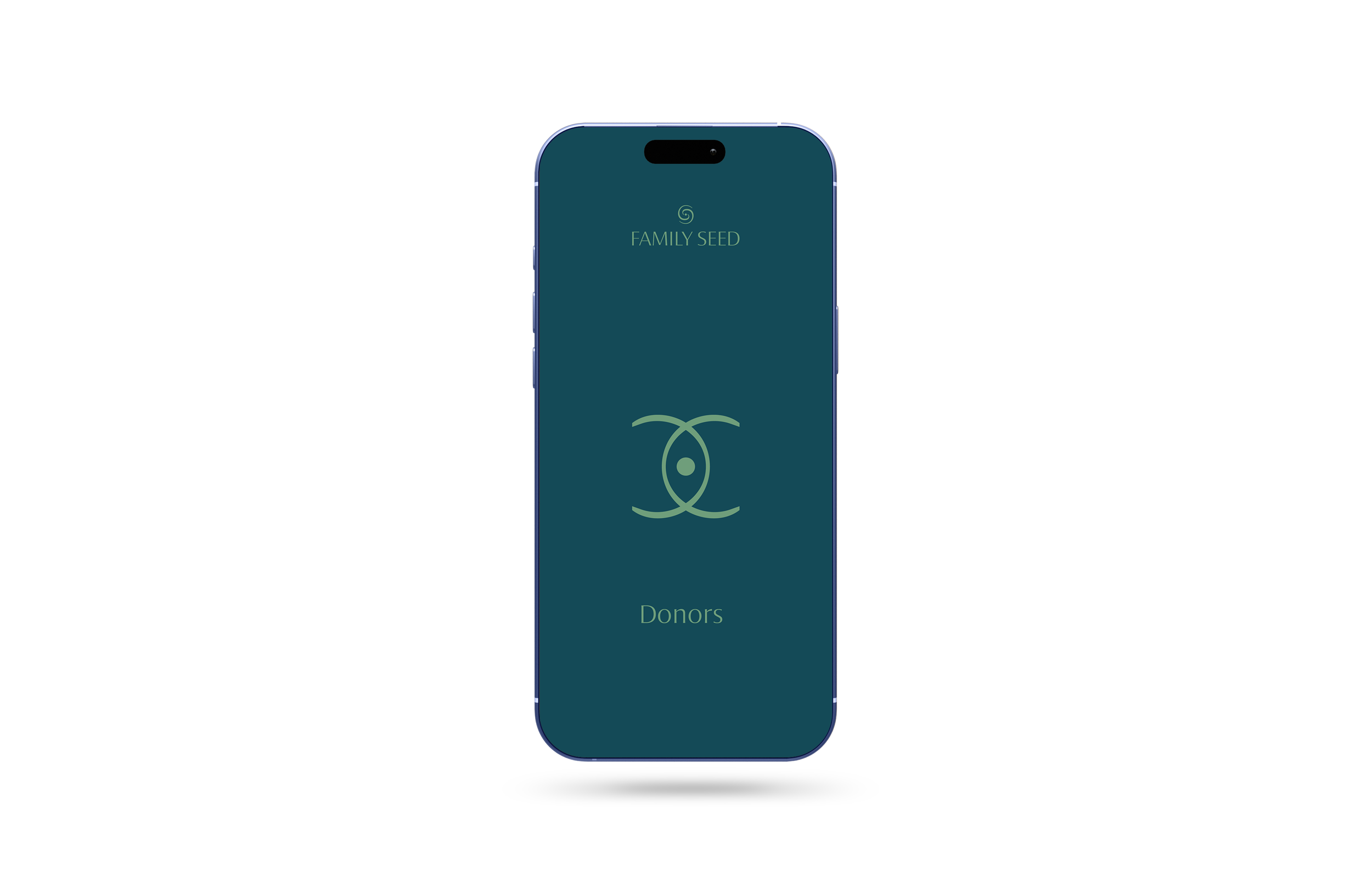 Smartphone displaying a teal screen with the words 'Family Seed' and 'Donors' and a logo of two intertwined loops.