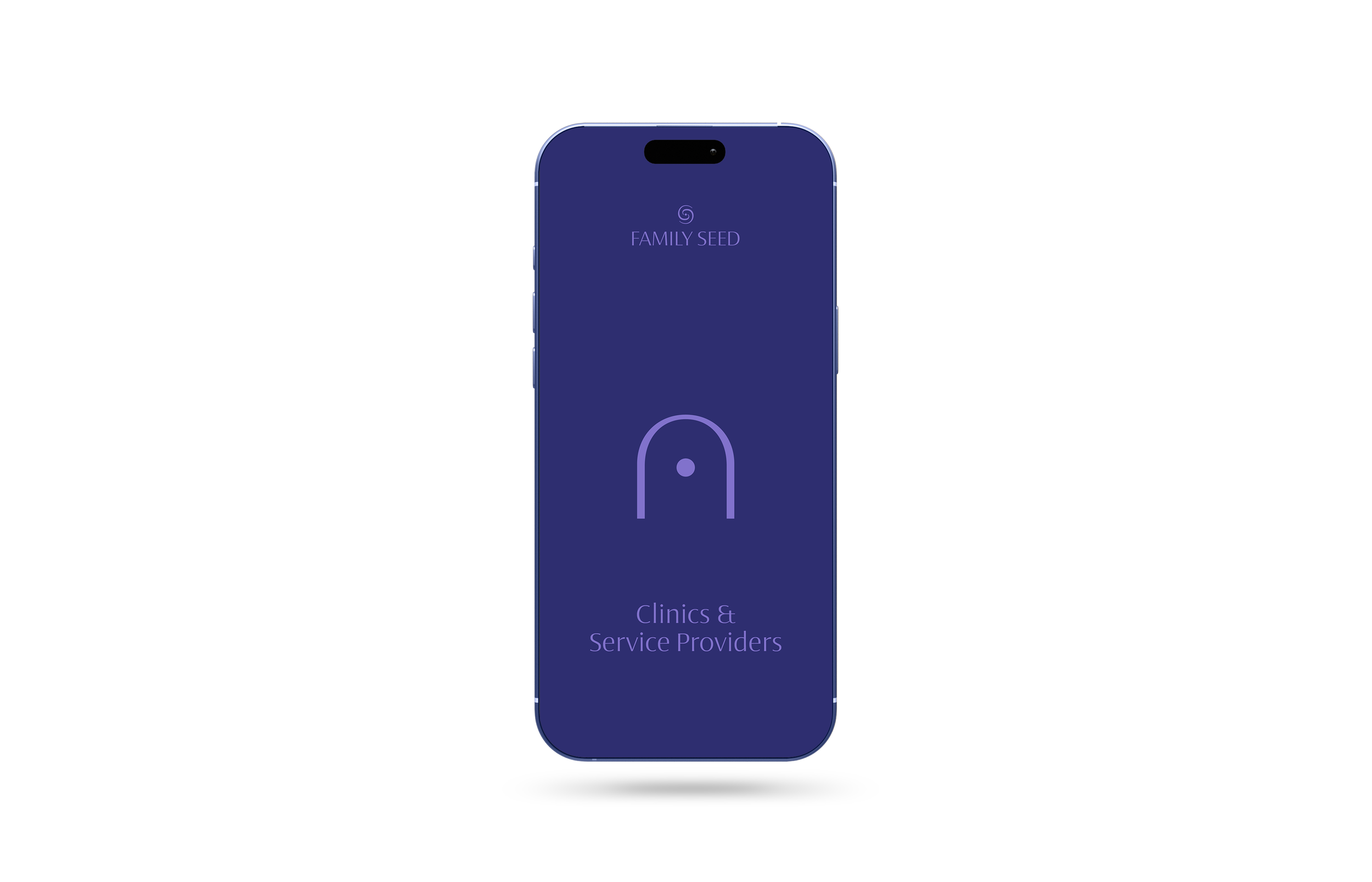 Smartphone screen displaying the Family Seed app with the text 'Clinics & Service Providers' on a purple background.