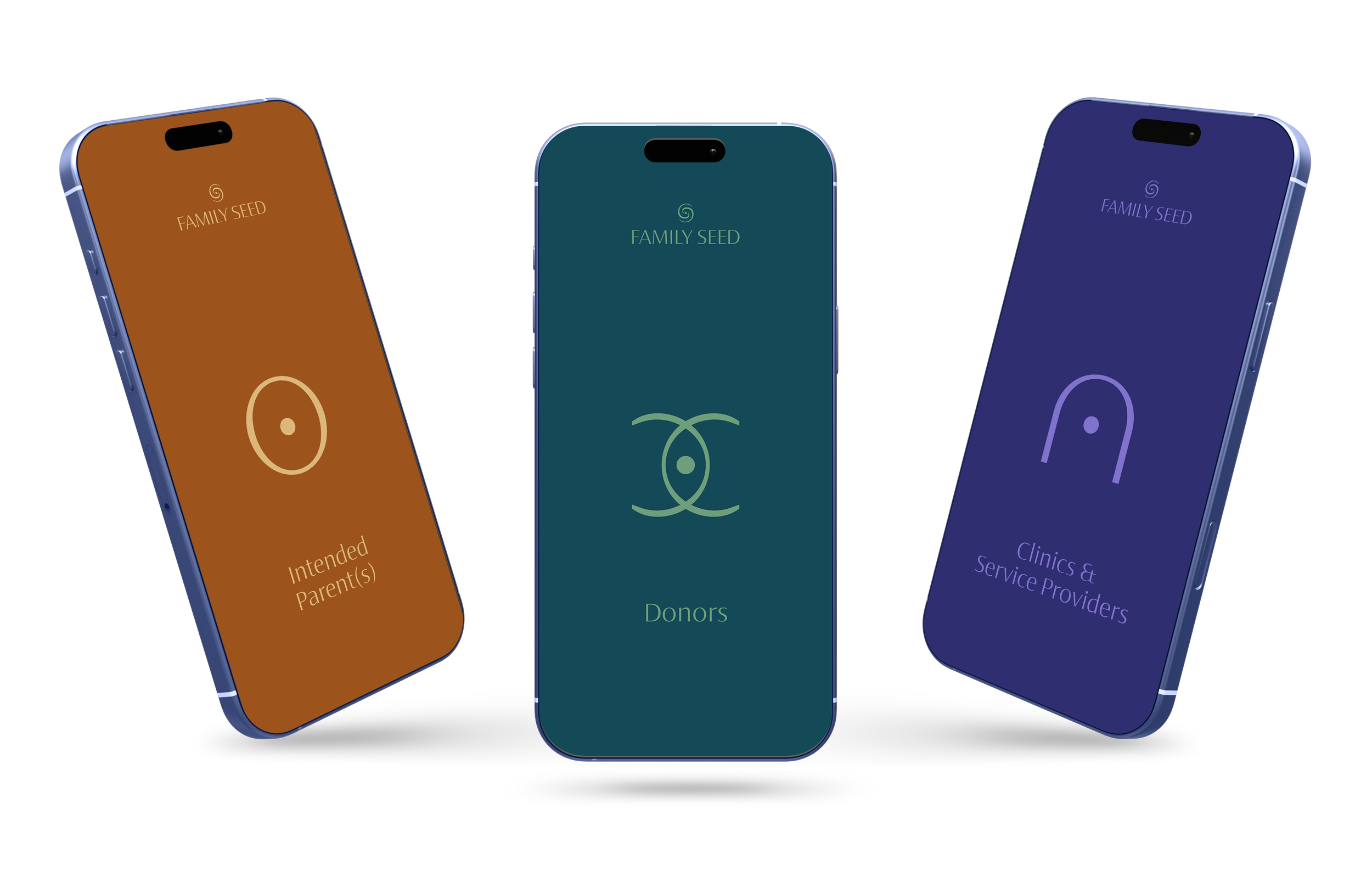 Three smartphones showing an app interface for family seed tracking. The screens display icons and labels for intended parent(s), donors, and clinics and service providers.