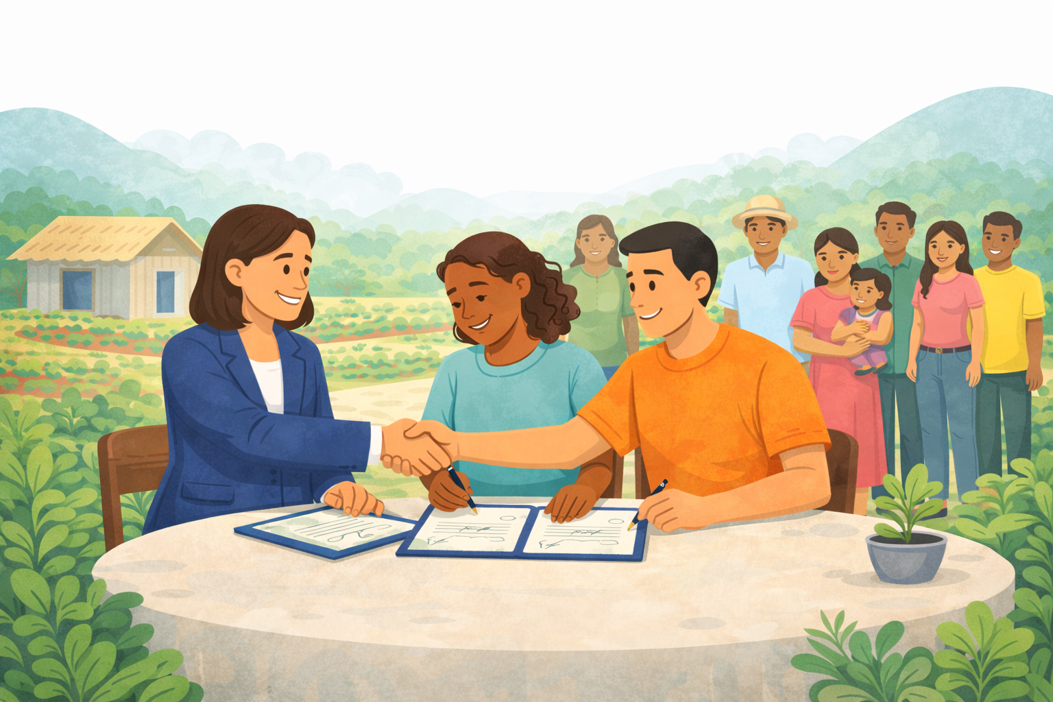 Una mujer y un hombre firman documentos en una mesa, mientras otra mujer los acompaña, y en el fondo hay varias personas observando, en un entorno rural con montañas y vegetación.