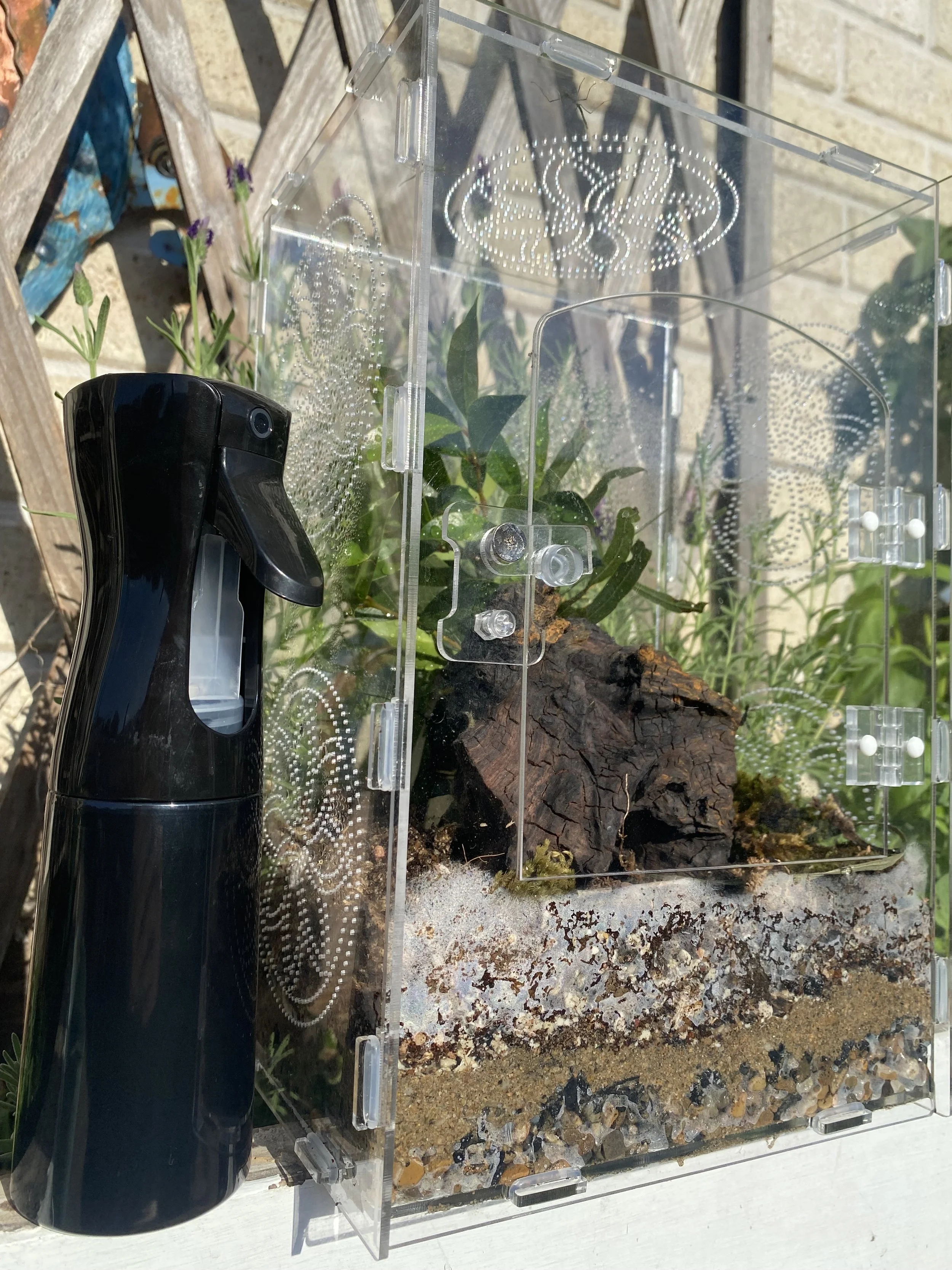 A clear plastic terrarium with a spray bottle attached, containing soil, rocks, and a piece of wood, set outdoors next to a wooden garden fence.