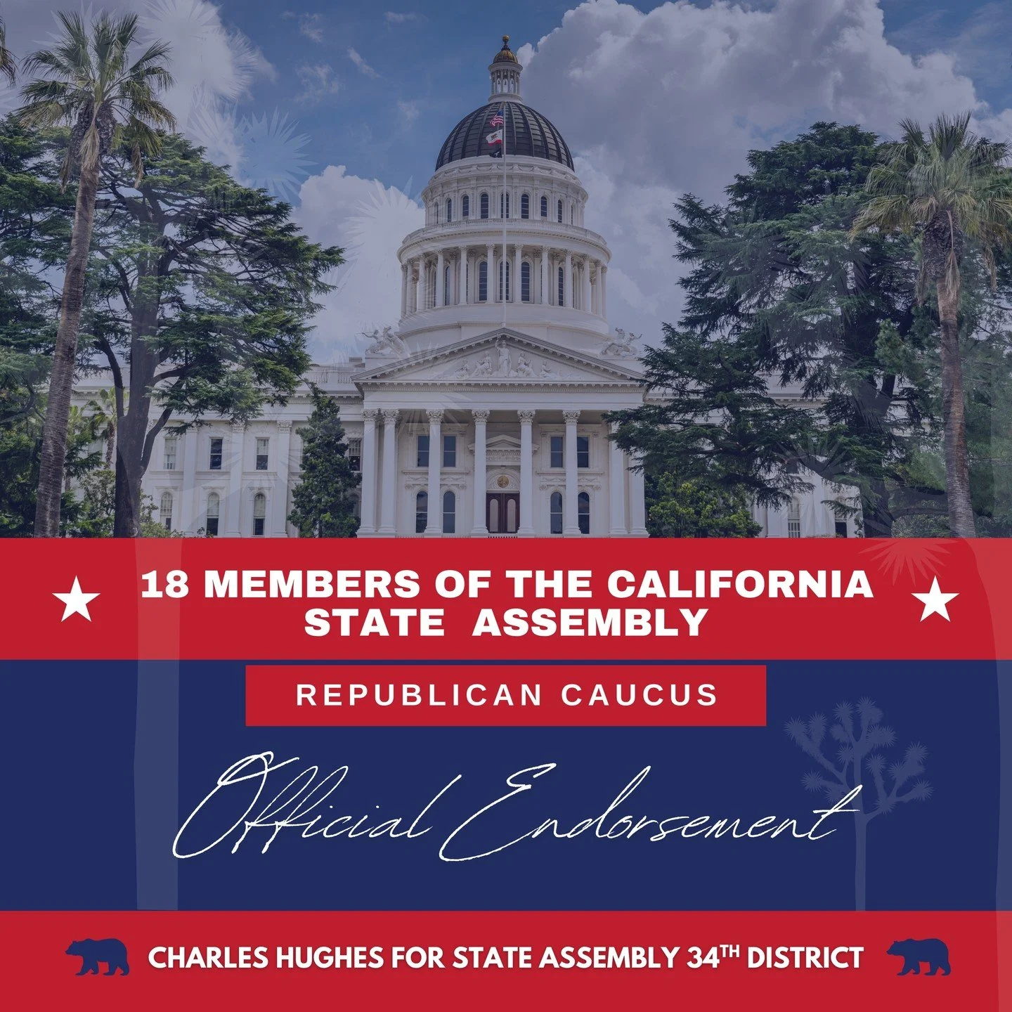 🚨 ENDORSEMENT ALERT 🚨⁠
⁠
Charles Hughes has just been endorsed by 18 members of the California State Assembly Republican Caucus &mdash; including Assembly Republican Leader James Gallagher &mdash; in his race for Assembly District 34.⁠
⁠
These resp