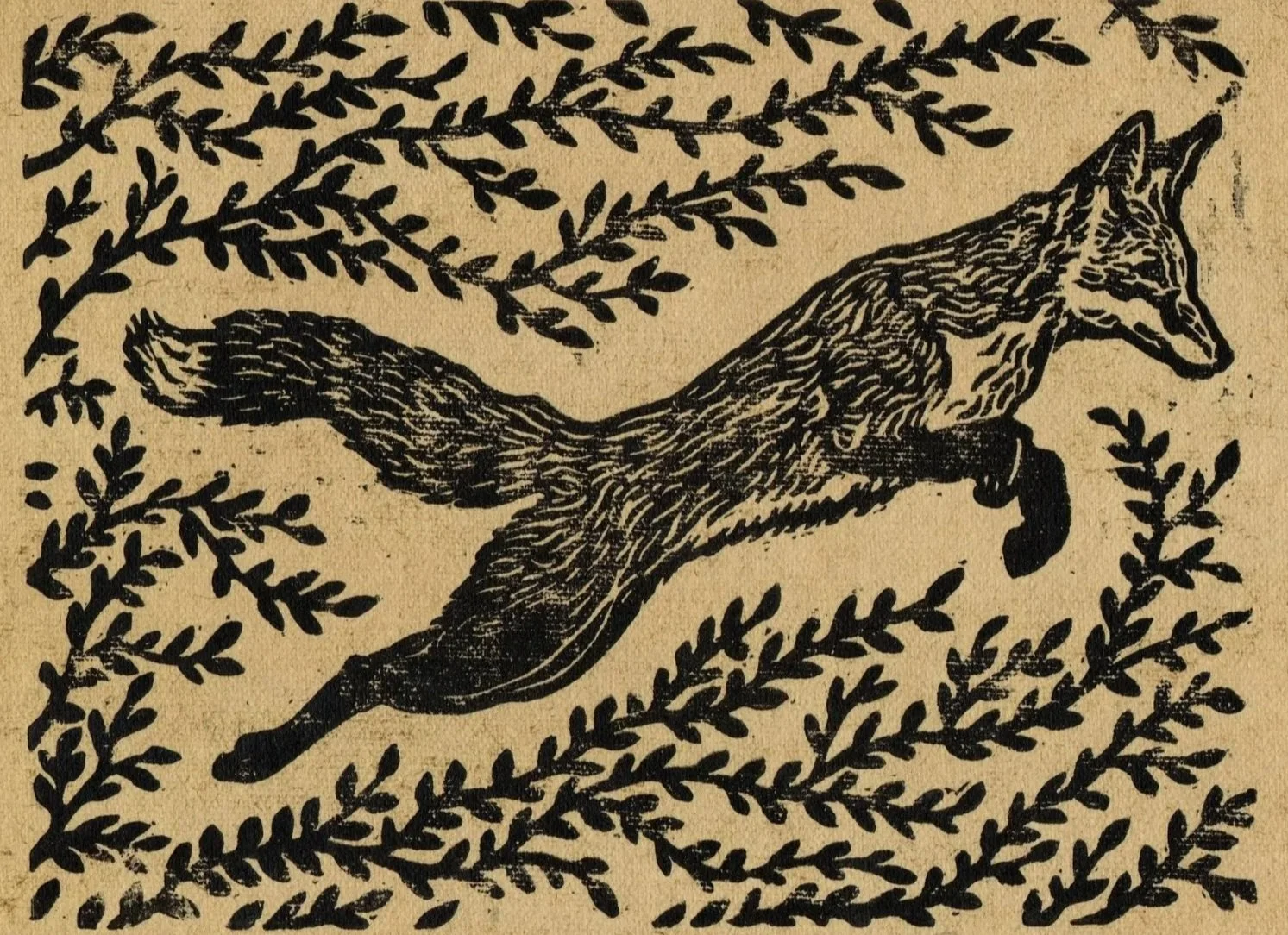 A black block ink illustration of a fox leaping through foliage on beige paper.