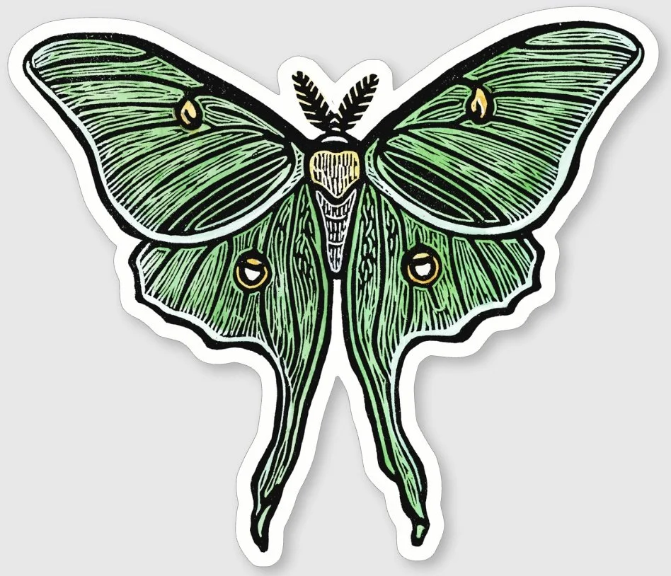 A green luna moth sticker with black outlines and yellow eye spots on its wings.