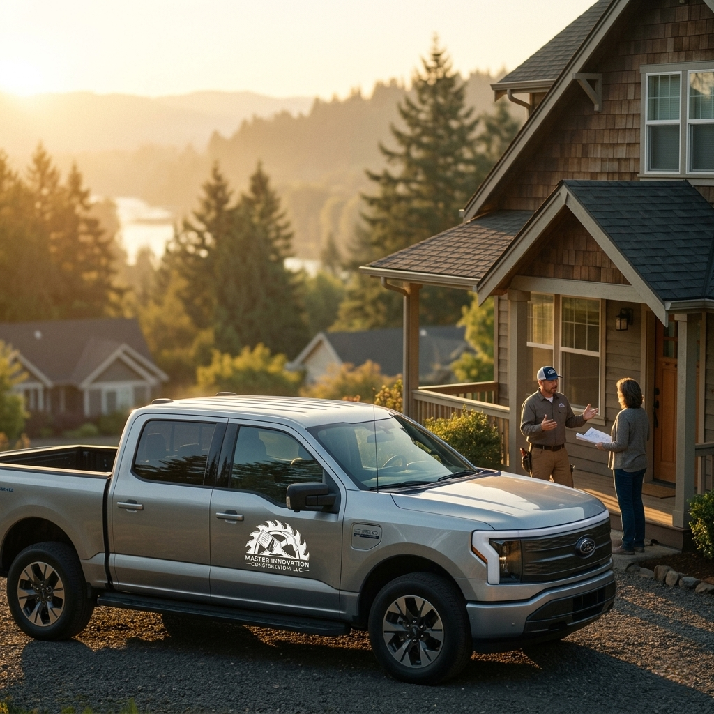 A man and woman having a conversation on the porch of a house next to a silver pickup truck with a company logo "Master Innovation Construction LLC" parked in front. The scene is captured during sunset.