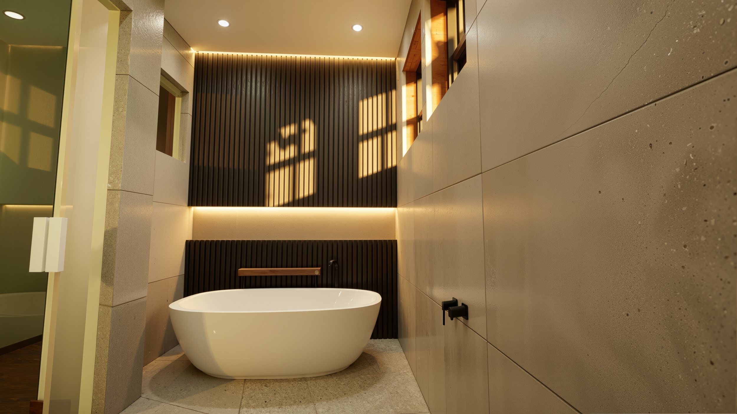 Modern bathroom with a standalone white bathtub, black slatted wall behind it, wood accents, and warm ambient lighting.