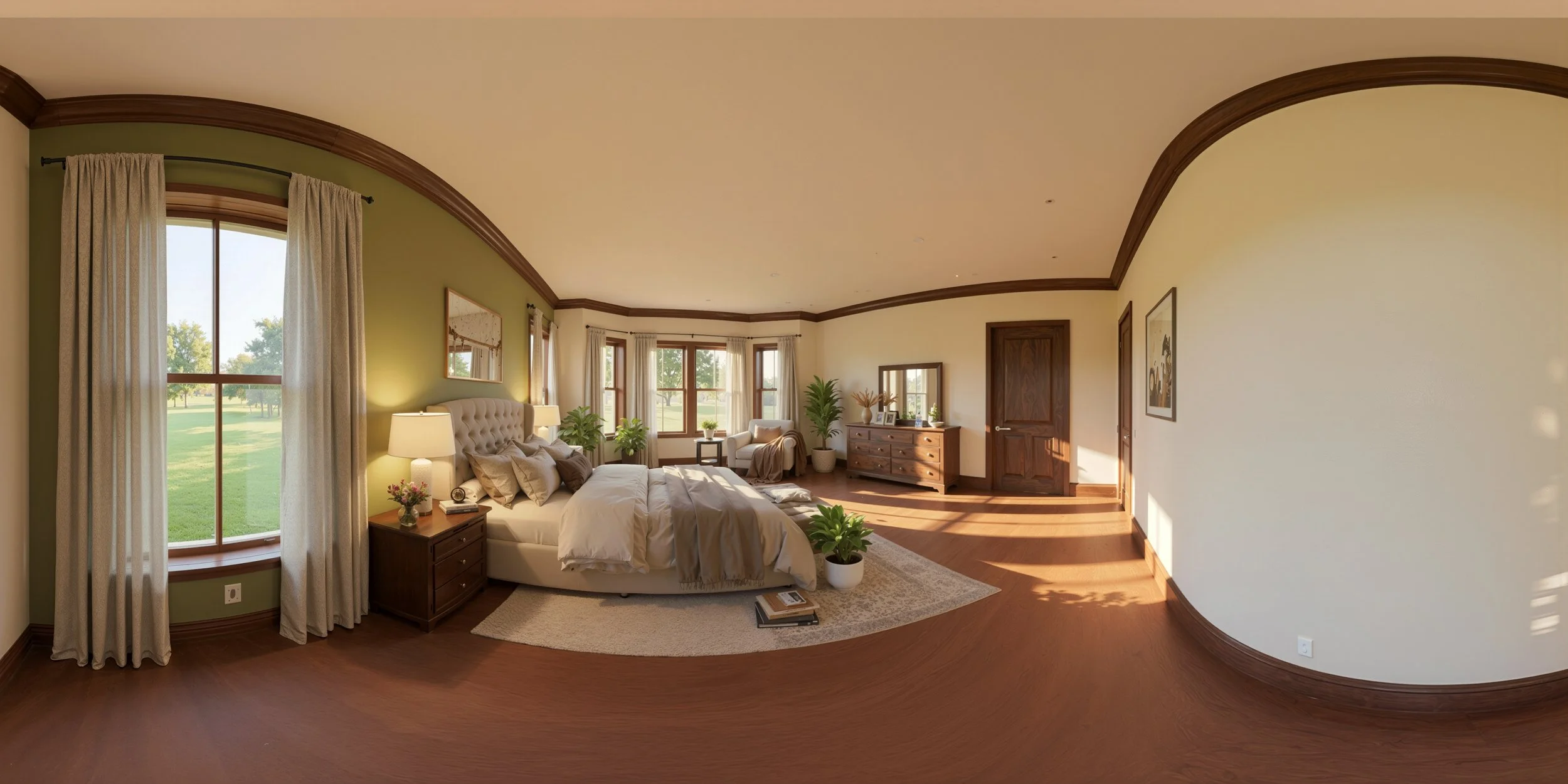 Spacious bedroom with green and cream walls, large windows with white curtains, and wooden furniture including a bed with a cream tufted headboard, nightstands, a dresser, and a sitting area with chairs and a potted plant.