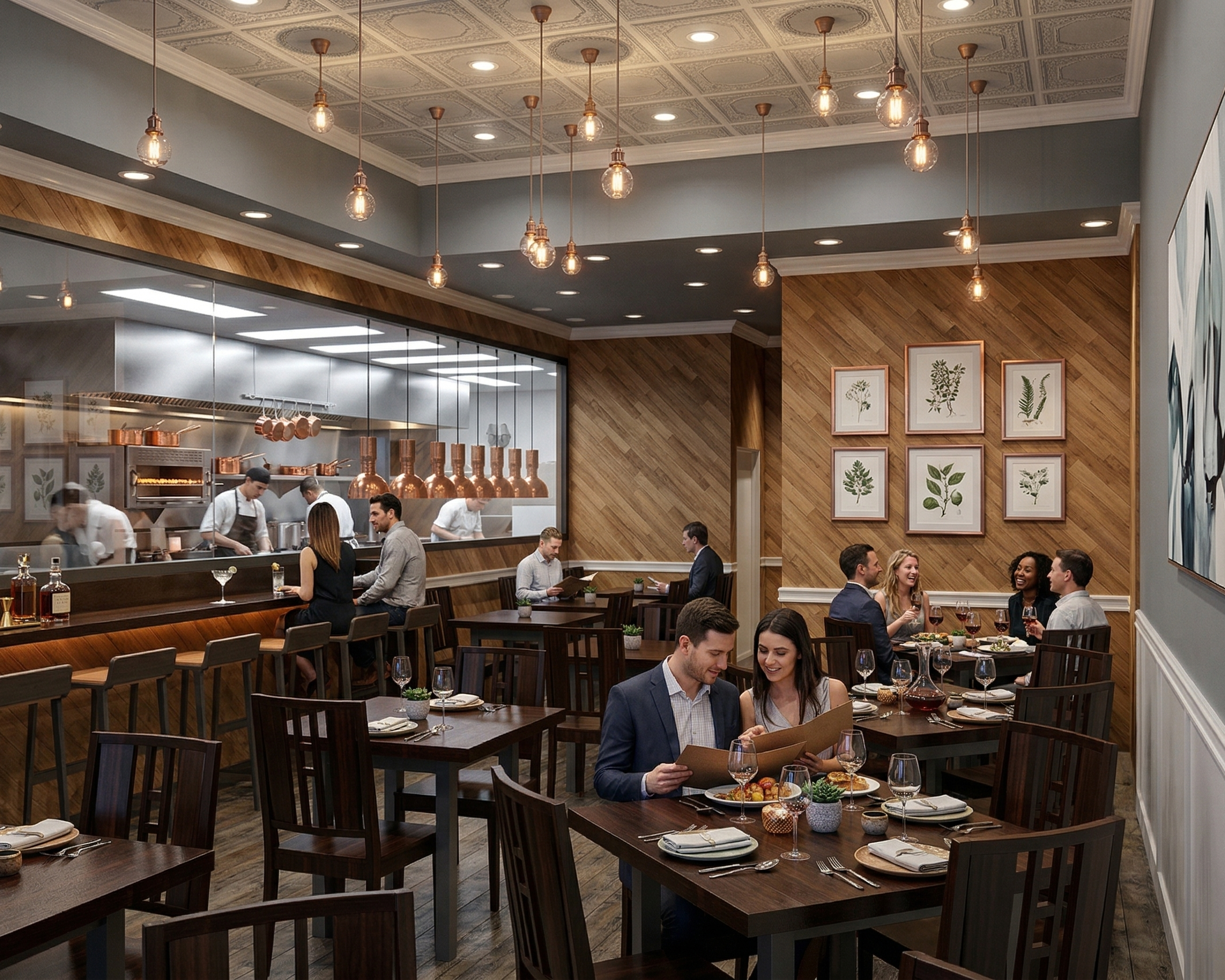 A cozy restaurant interior with wooden walls and ceiling, featuring a view into the open kitchen. Guests are seated at tables, enjoying meals and conversations. The decor includes framed botanical prints on the wall and warm lighting with hanging bul