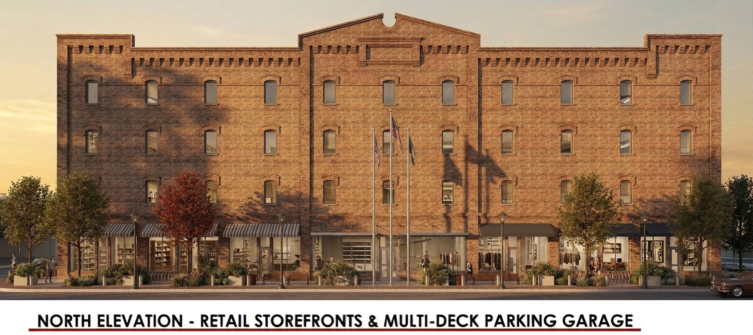 The image shows the north elevation of a building with retail storefronts and a multi-deck parking garage. The building is made of brick, with multiple windows and small storefronts at street level. There are trees, lampposts, and people walking alon