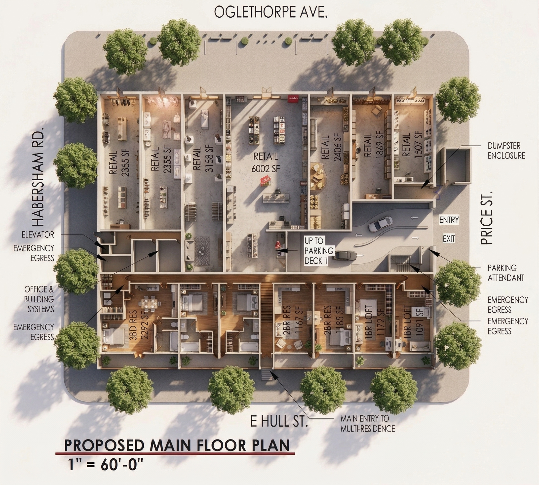 Architectural floor plan showing the proposed main level of a retail and residential building, including storefronts, apartments, parking, trees, and street labels for Harbersham Road, Oglethorpe Avenue, Price Street, and E Hull Street.