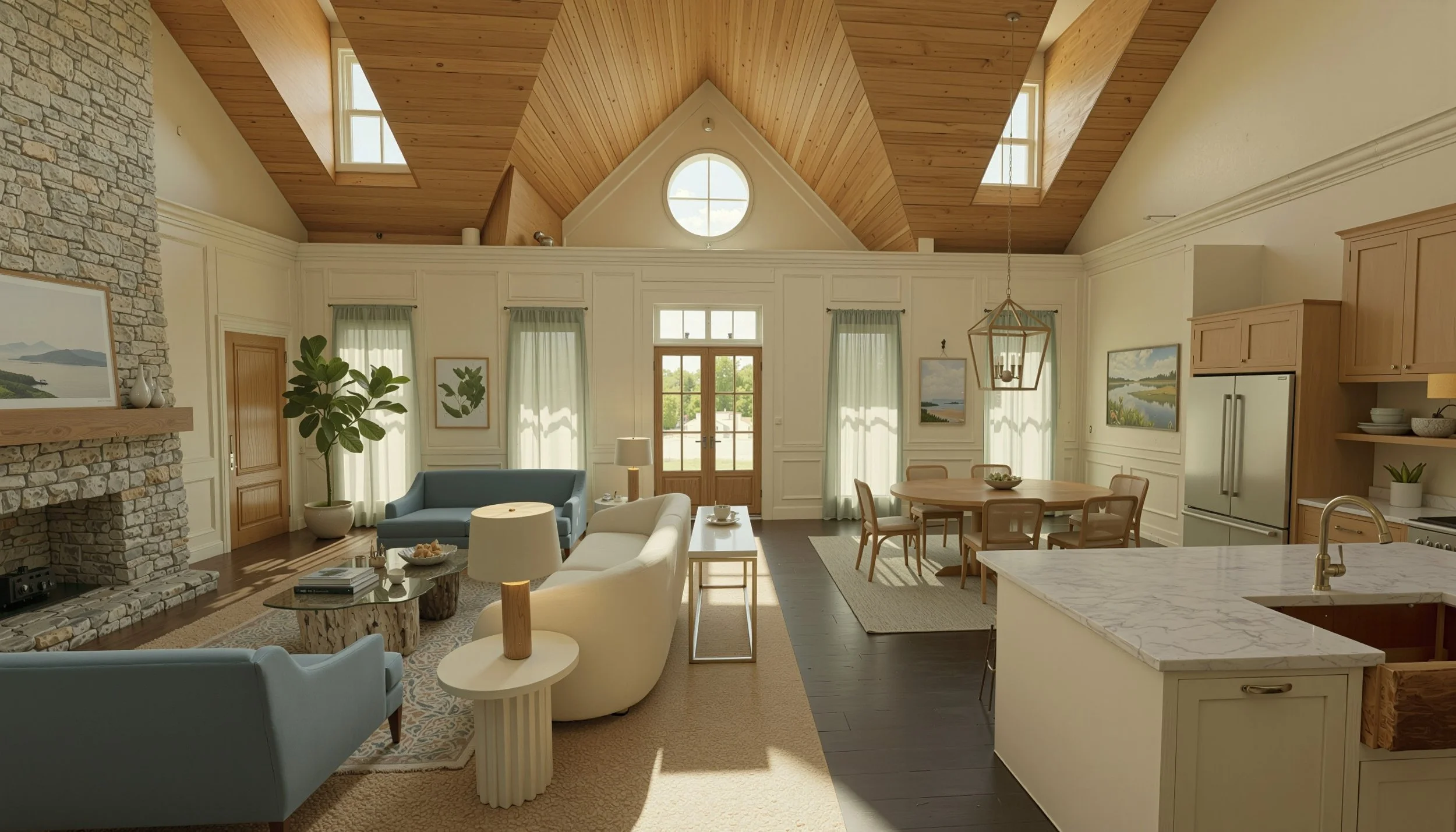 Interior view of a bright, spacious living room with a high vaulted ceiling with skylights, a stone fireplace, a sitting area with blue and white sofas, a rectangular coffee table, and a round dining table with eight chairs in an open-concept kitchen