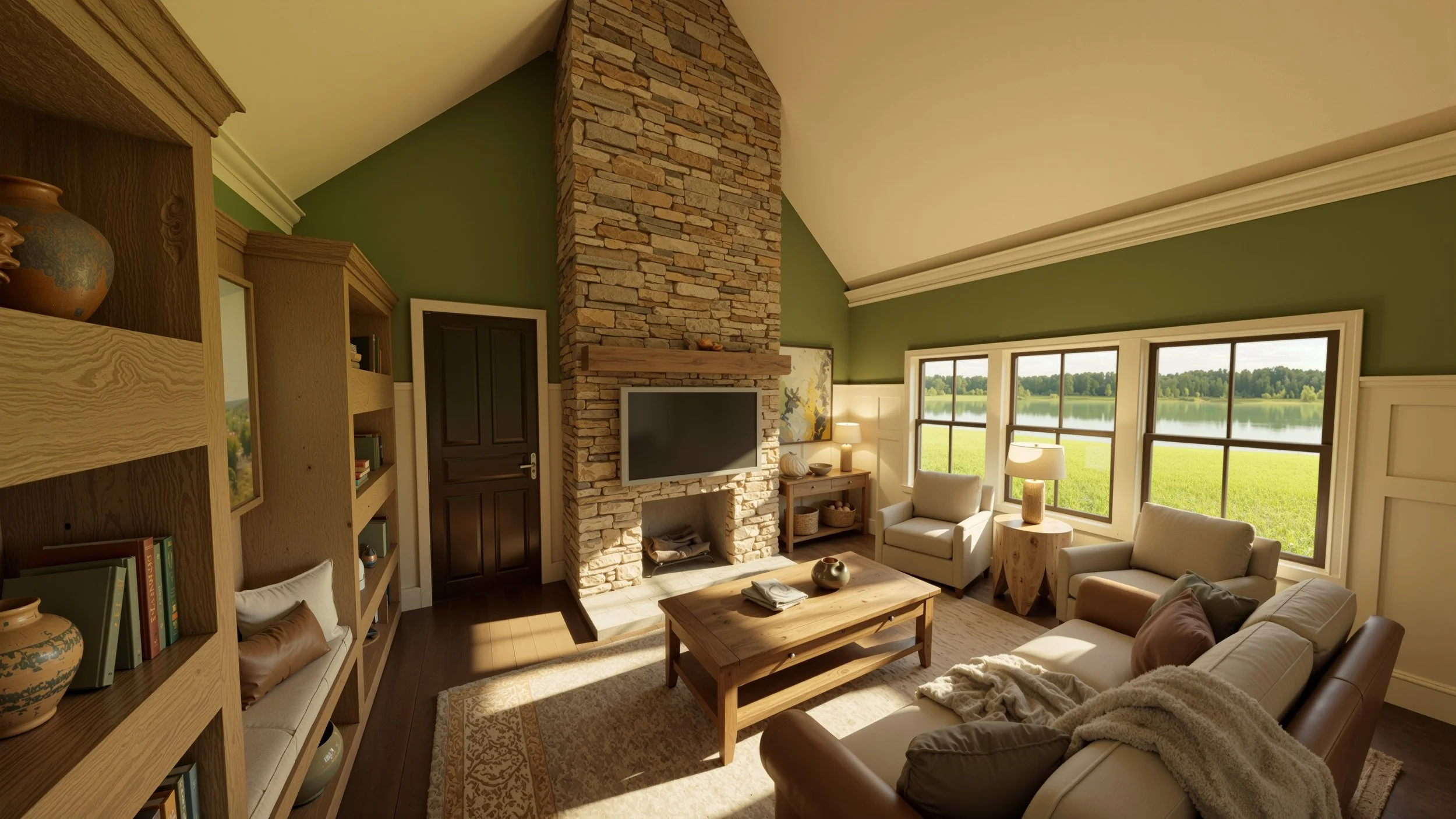 Living room with a stone fireplace, large windows overlooking a lake, light-colored sofa and chairs, wooden coffee table, bookshelf, and side table with lamps.