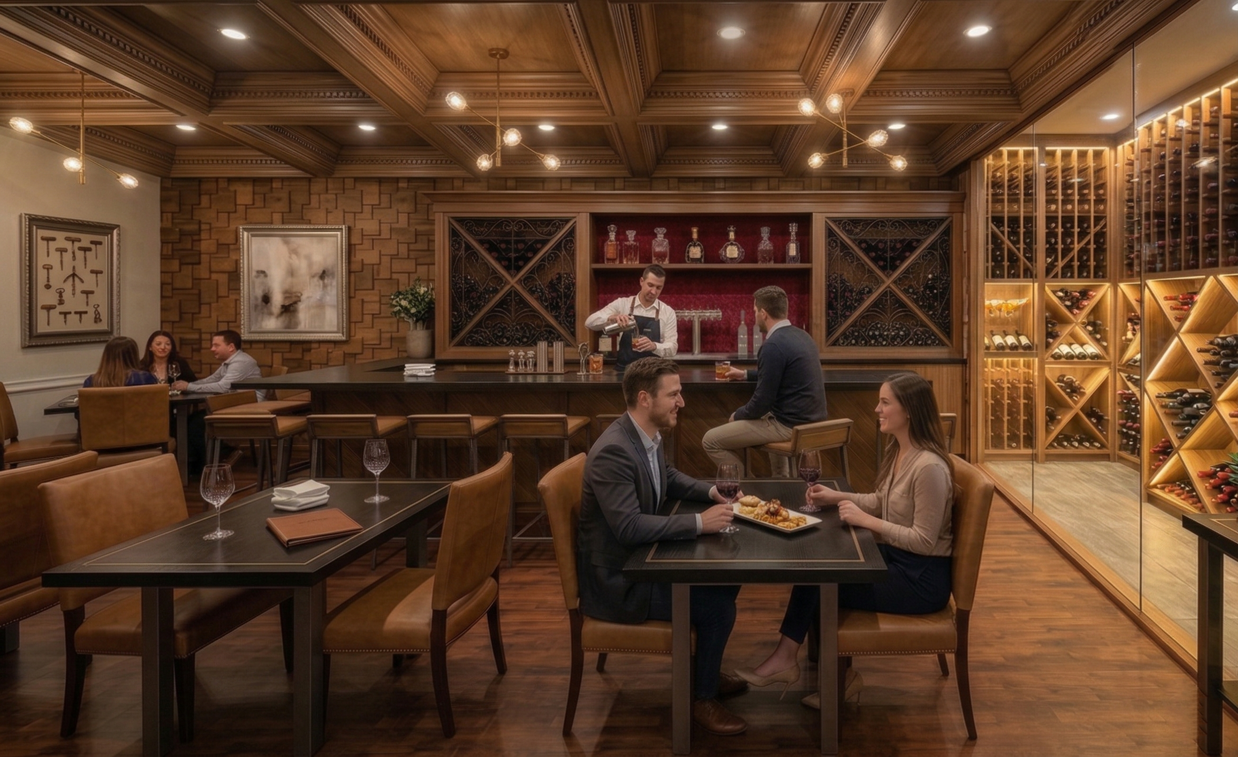 A cozy wine bar with wooden accents, a wine rack, and a well-dressed group enjoying drinks and food.