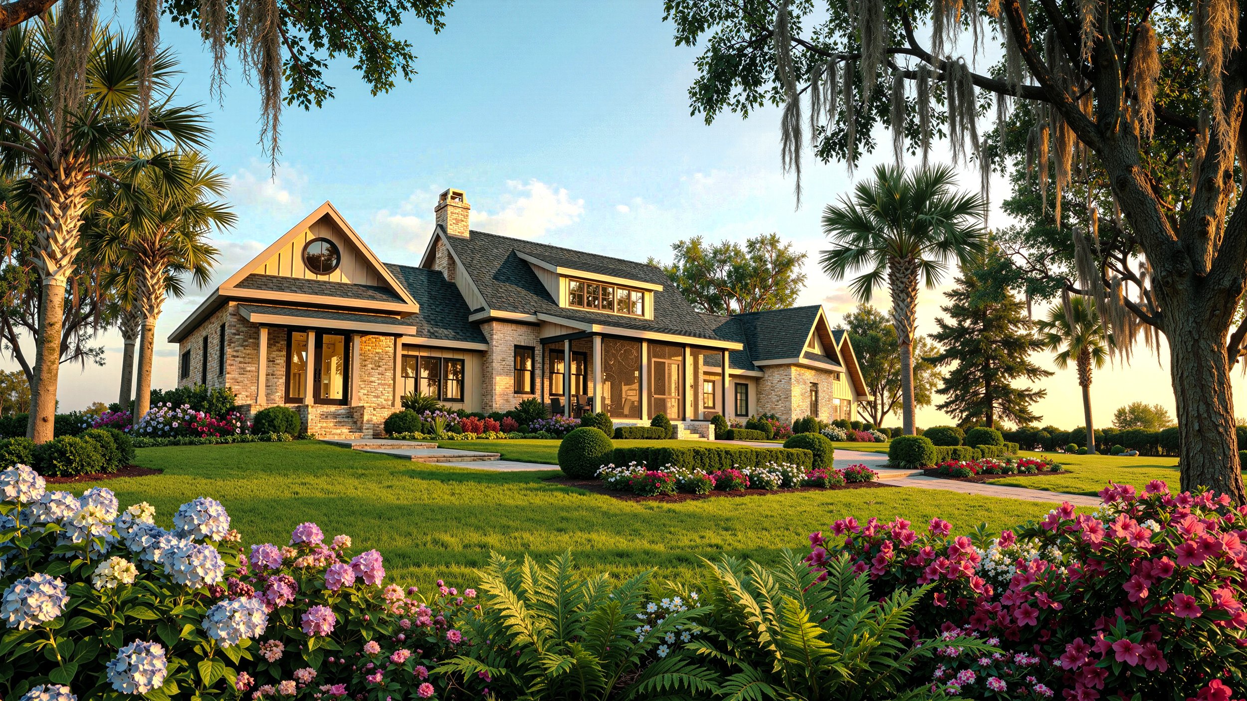 A large house with a stone and wood exterior, surrounded by lush green grass, colorful flowers, and tall trees, during sunset.