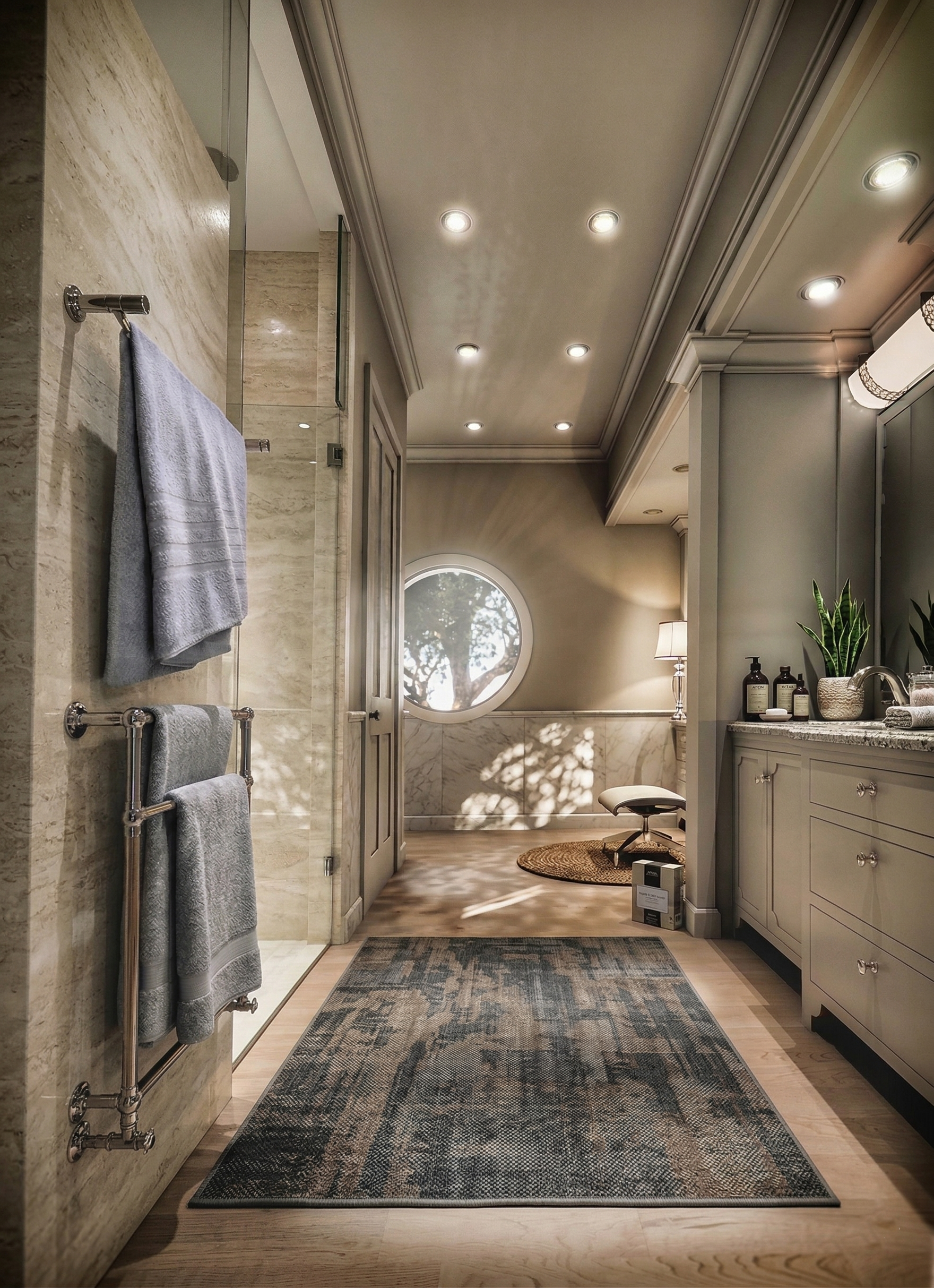 Bathroom with beige and gray tones, towels on heated towel rack, circular window, desk with lamp, plants, and toiletries on vanity.