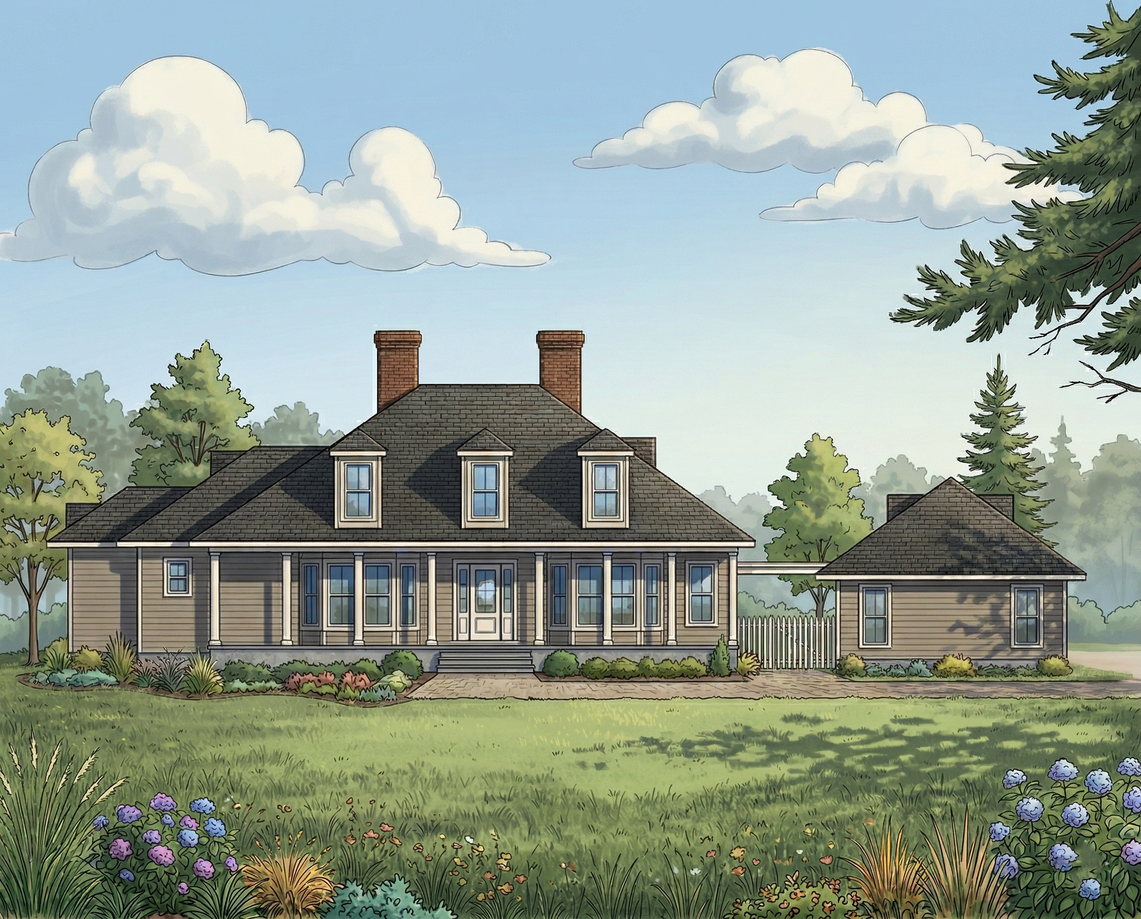 Illustration of a large, two-story house with a porch, chimneys, multiple windows, and a smaller outbuilding to the right, surrounded by trees and a landscaped yard with flowers and grass.