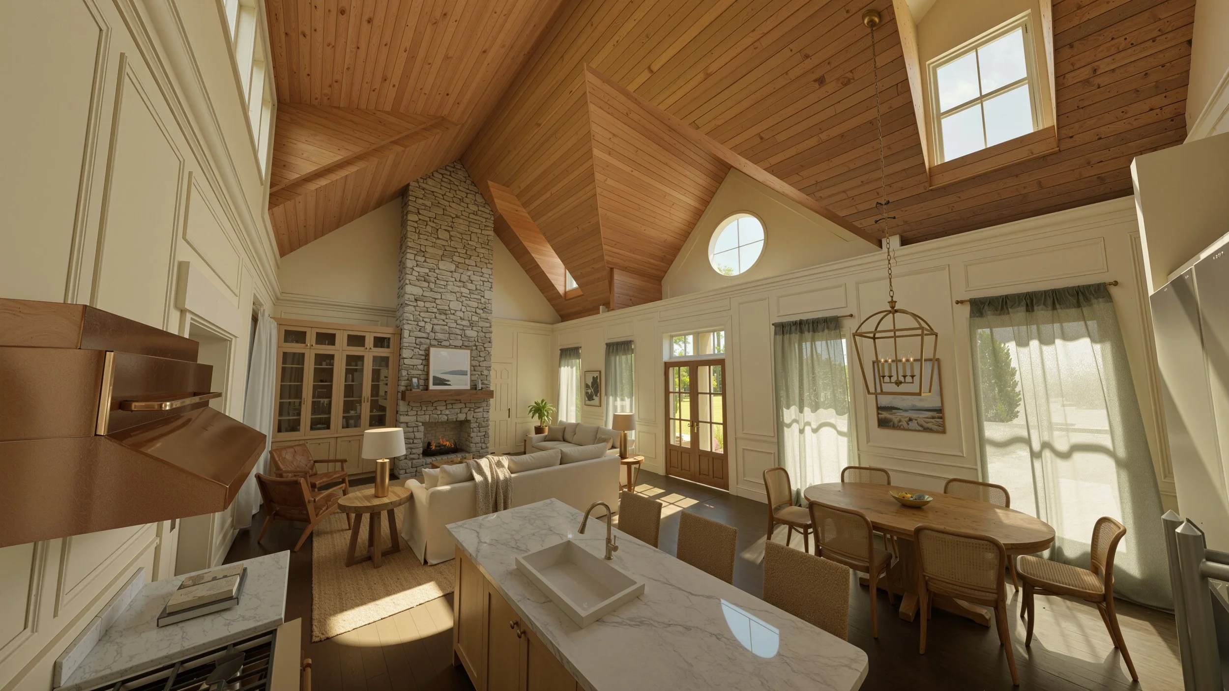 Open-concept living room and dining area with vaulted wood ceiling, fireplace, and large windows with curtains, decorated with neutral furniture and artwork.