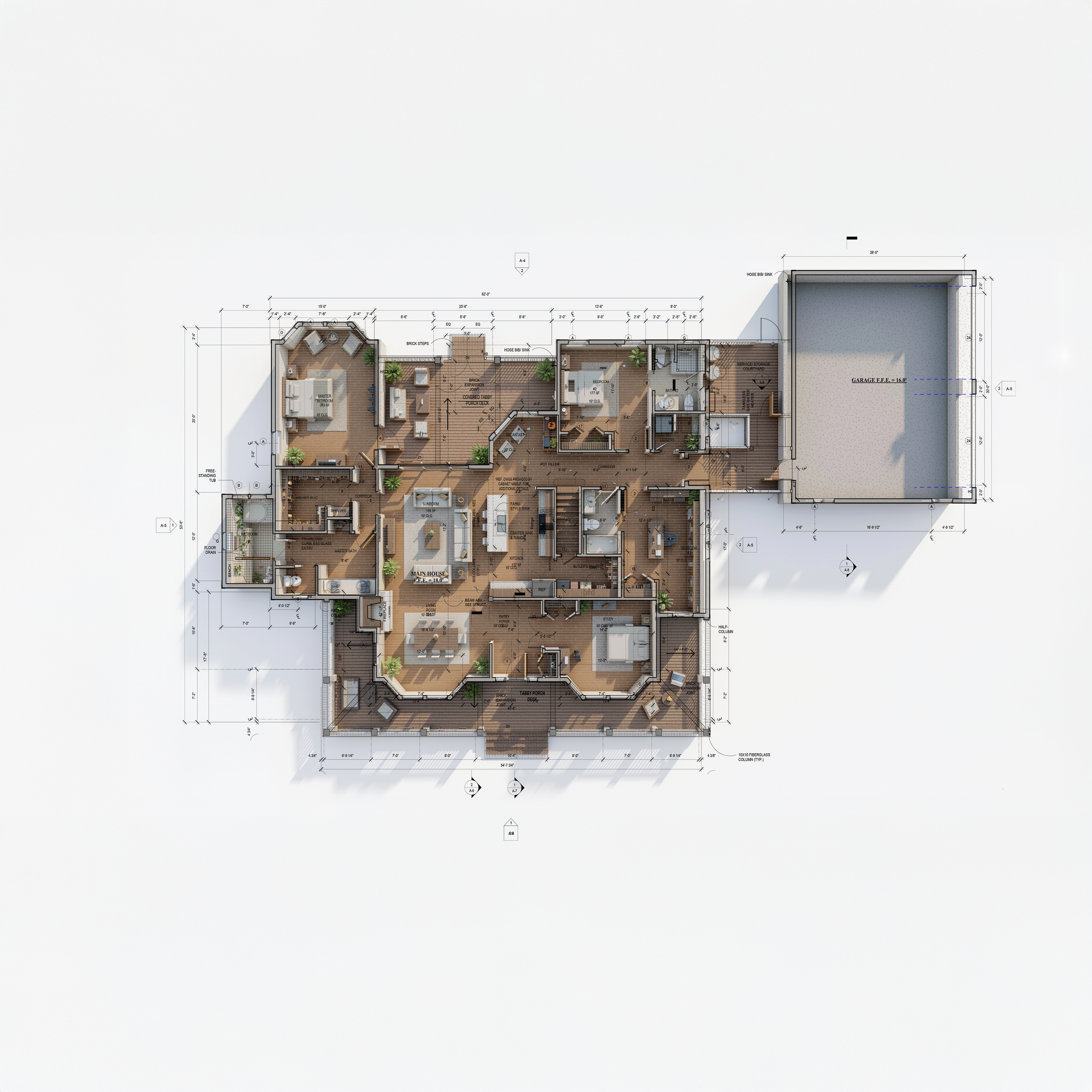 A detailed architectural floor plan of a house, showing rooms, furniture, and measurements from a top-down view.