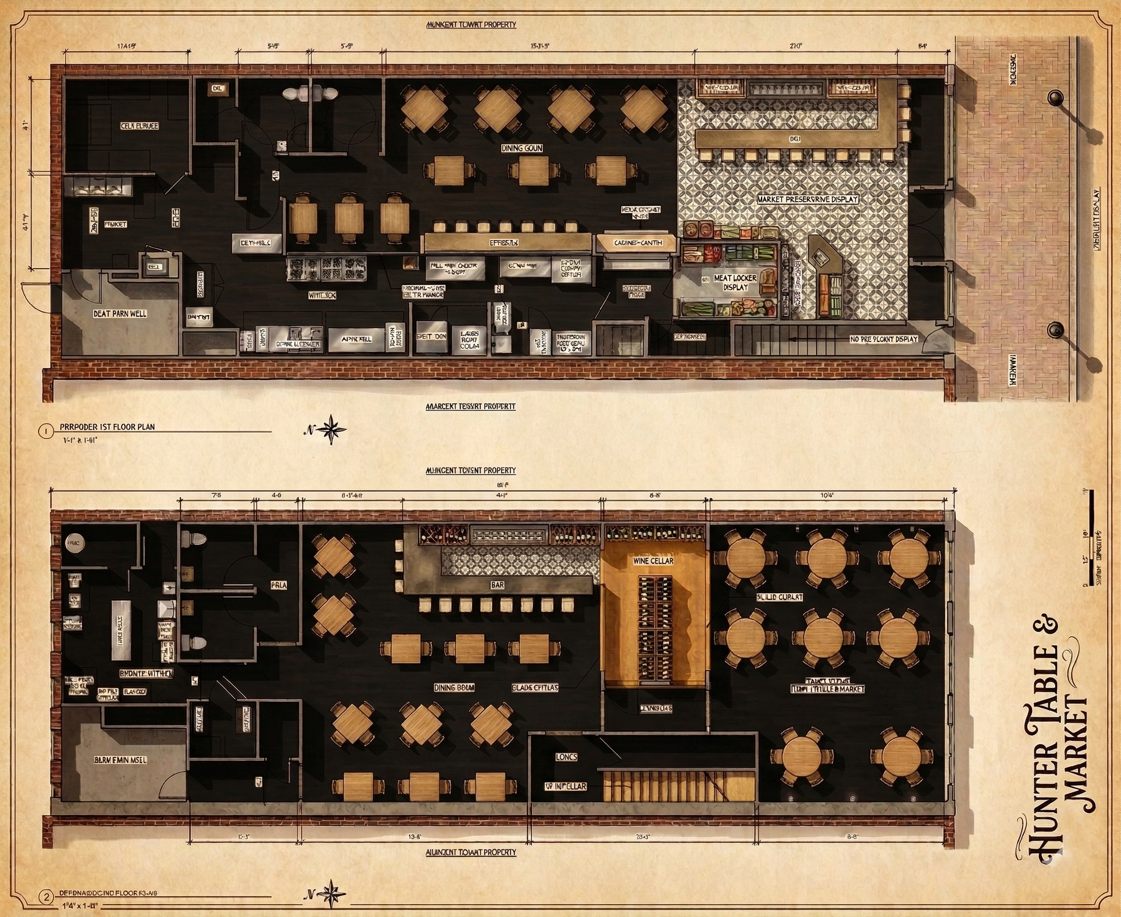 Floor plan of Hunter Table & Market, featuring two levels with various sections. The lower level includes a bar, wine cellar, dining areas, and a market. The upper level has a deli, dining counters, a meat locker display, a market preserve display, a