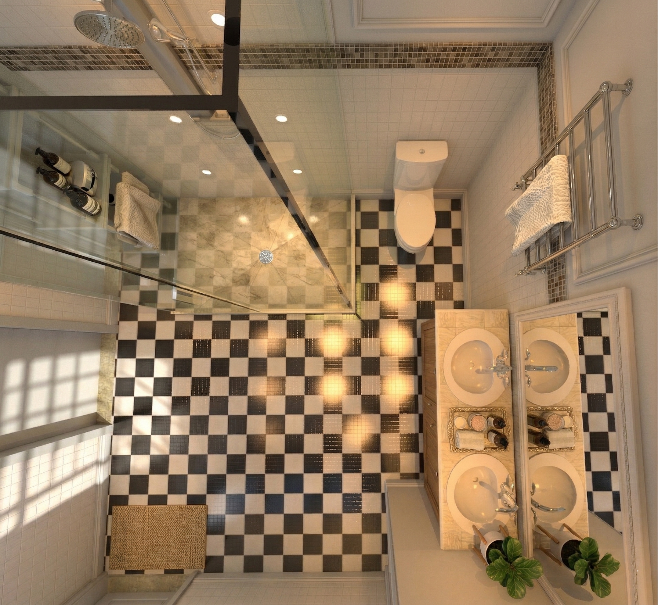 A modern bathroom with black and white checkered floor tiles, a double sink vanity with gold framed mirrors, a glass-enclosed shower, a toilet, a towel rack with a towel, and some bottles on a shelf.