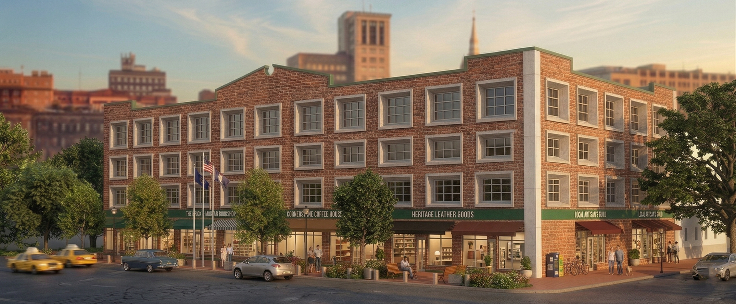 A three-story brick building with retail stores on the ground floor and residential units above, located on a city street during sunset. The stores include a bookstore, a coffee house, and a heritage leather goods shop, with people walking and sittin