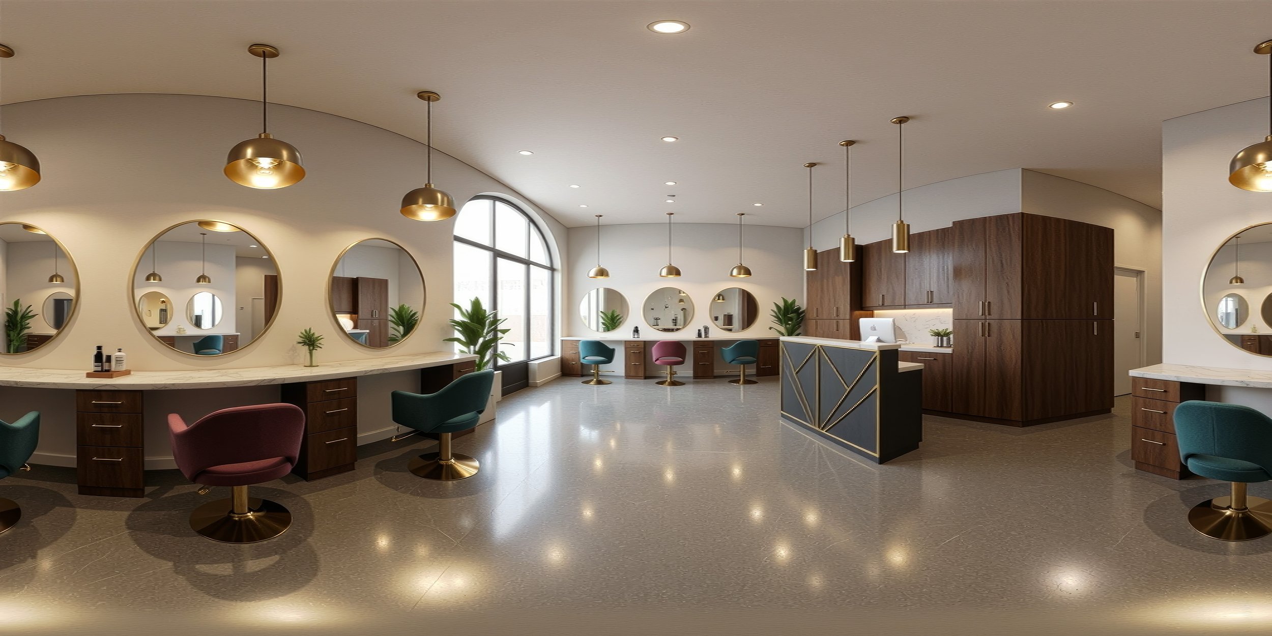 A modern hair salon with multiple styling stations, round mirrors, colorful chairs, and a reception desk, illuminated by gold pendant lights and natural light from large arched windows.