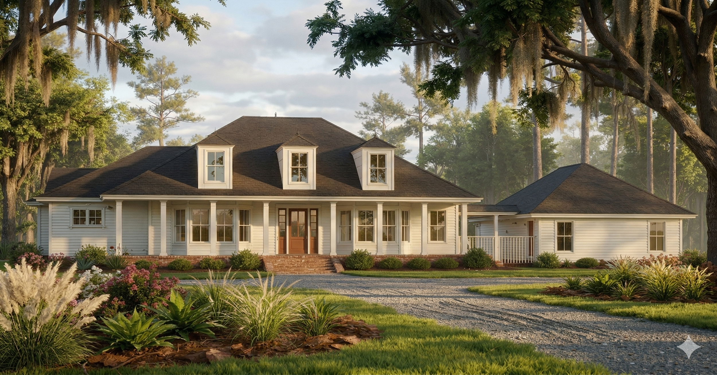 White house with brown roof, front porch, and multiple dormer windows, surrounded by trees and landscaped garden, in a serene, green setting.