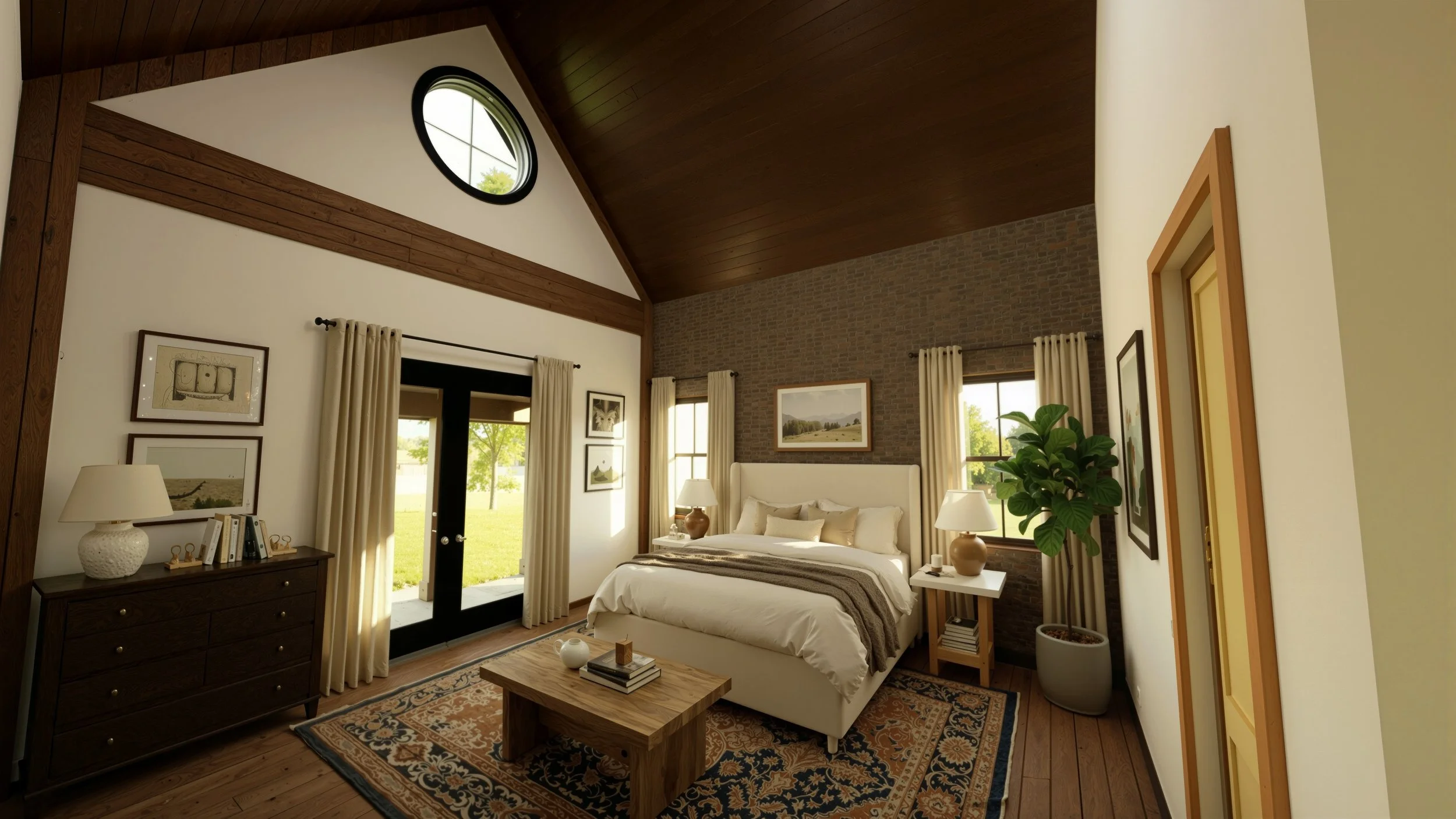 Interior view of a bedroom with a vaulted ceiling, a large white bed with beige pillows, two bedside tables with lamps, a wooden coffee table, a patterned area rug, windows with curtains, and a glass door leading outside, with a brick wall background