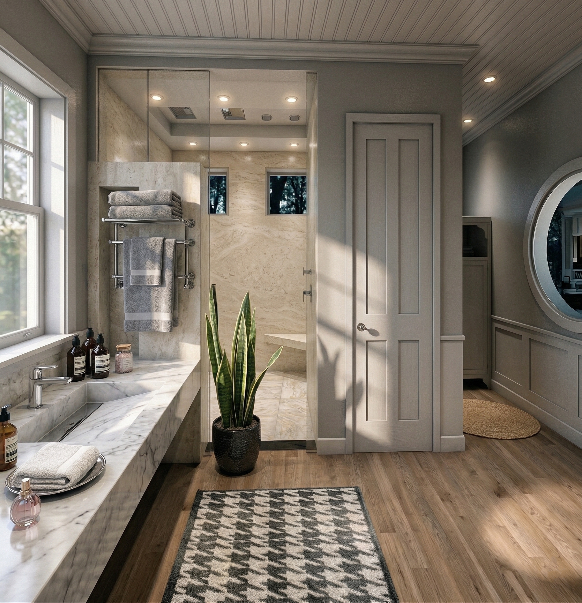 Modern bathroom with marble vanity, towels, potted plant, shower area with small windows, and wooden flooring.