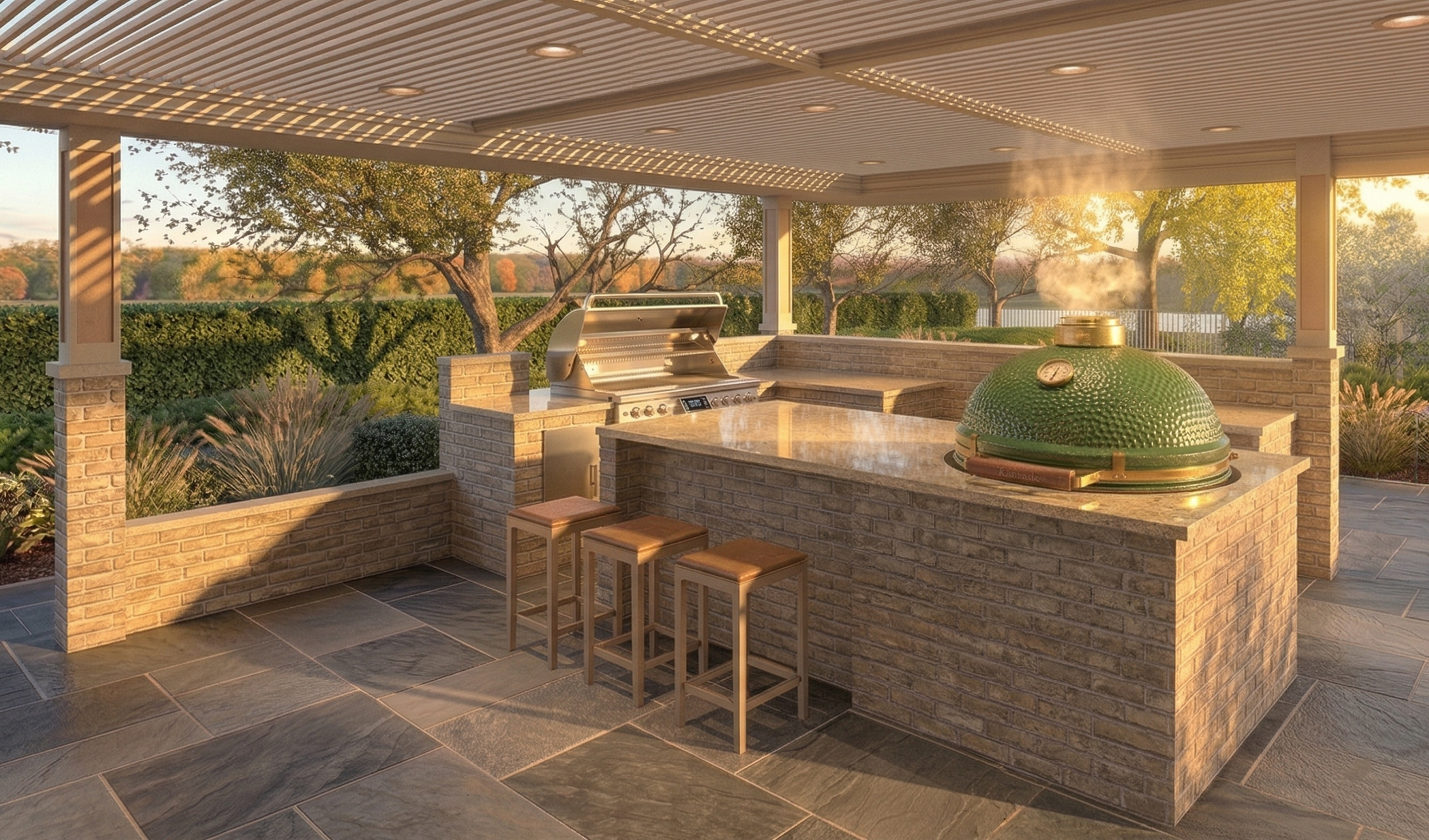 Outdoor kitchen with a green Kamado grill, stainless steel barbecue, and wooden bar stools on a patio with brick and stone design, overlooking a tree-filled landscape at sunset.