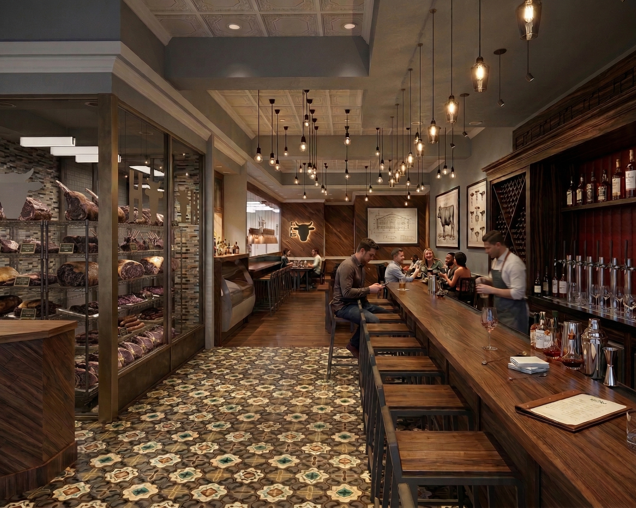 Interior of a restaurant with a long wooden bar, customers seated, and decorative lighting fixtures hanging from the ceiling, with a display of meats on one side.