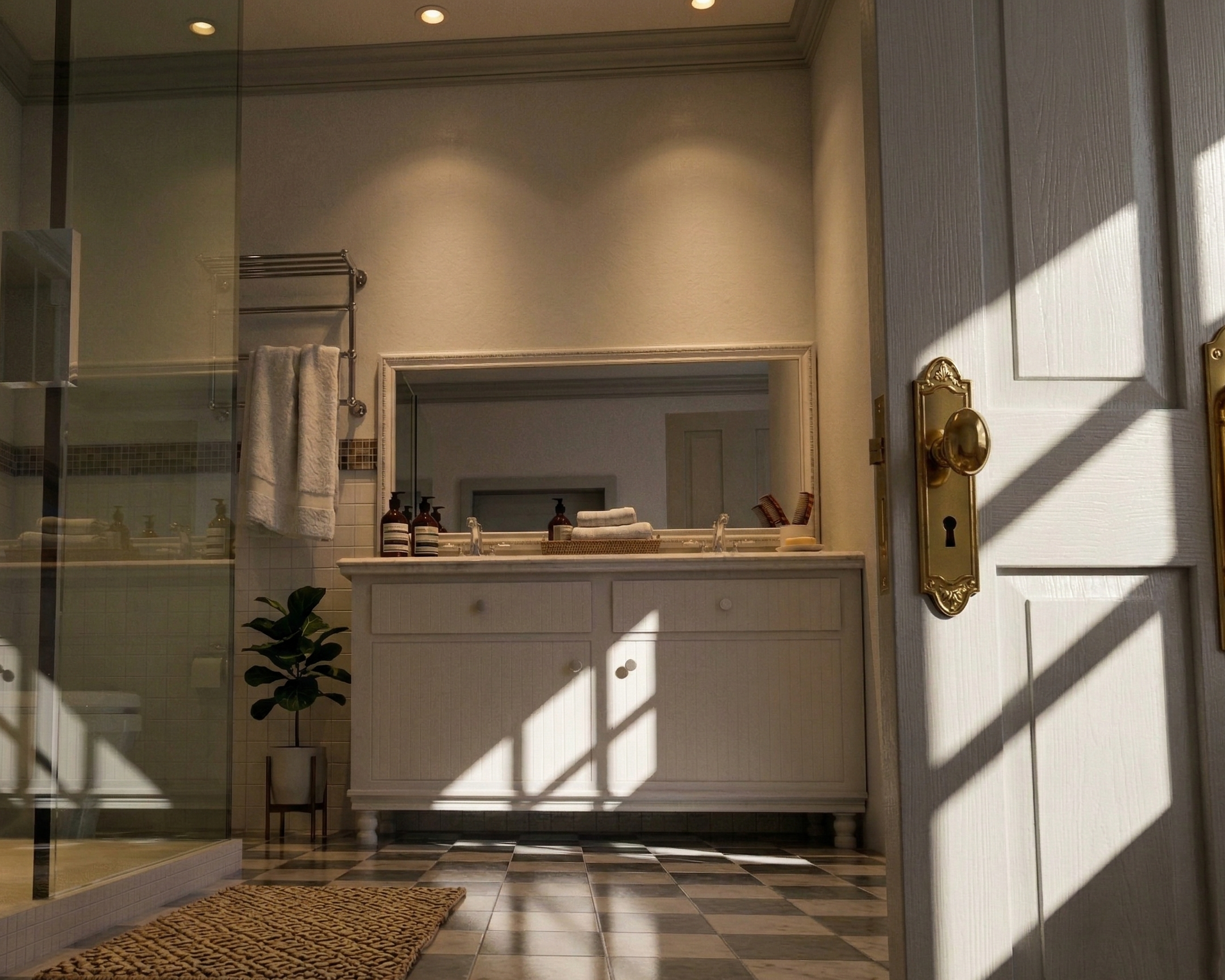 A bathroom with a large mirror above a white vanity, sunlight casting shadows through a window, and a potted plant on the floor. Towel rack and decorative items are visible.