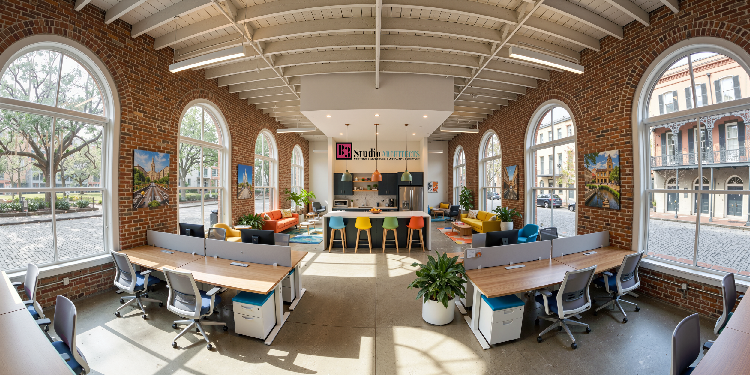 Bright modern office space with large arched windows, brick walls, and a co-working area with desks, chairs, and plants. A kitchenette with colorful pendant lights and seating area with sofas and artwork in the background.