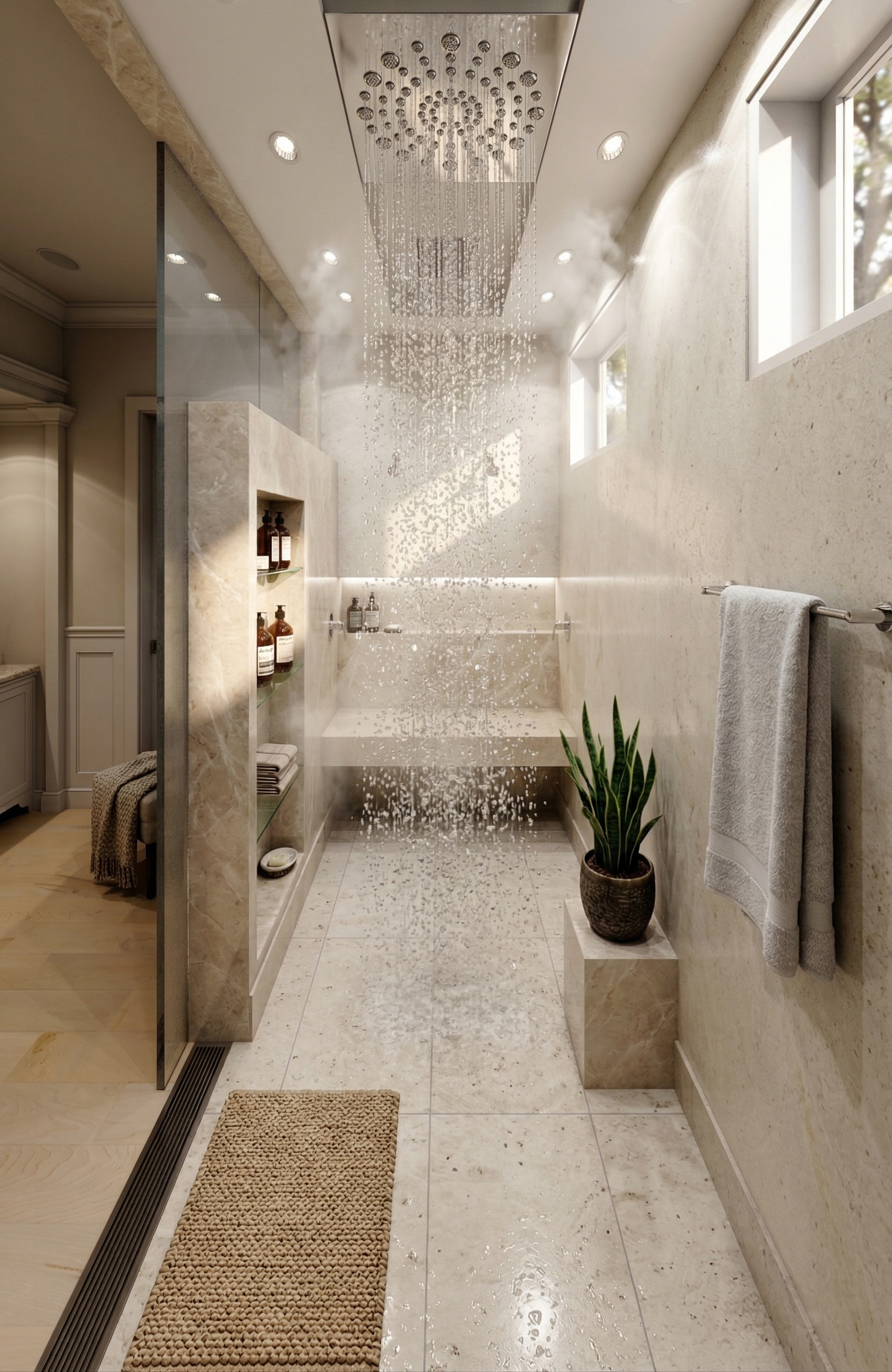 Modern bathroom with a rainfall showerhead, beige marble tiles, a potted plant, and two small windows allowing natural light.