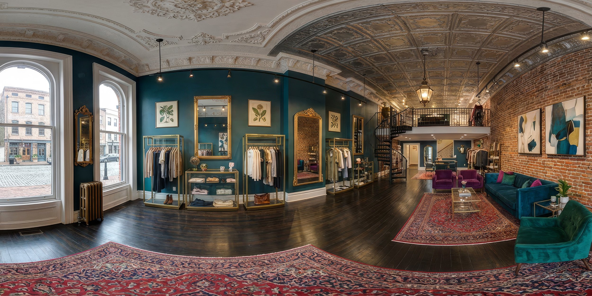Interior of a boutique clothing store with teal and brick walls, large windows, clothing displays, mirrors, artwork, and velvet sofas in teal and purple.