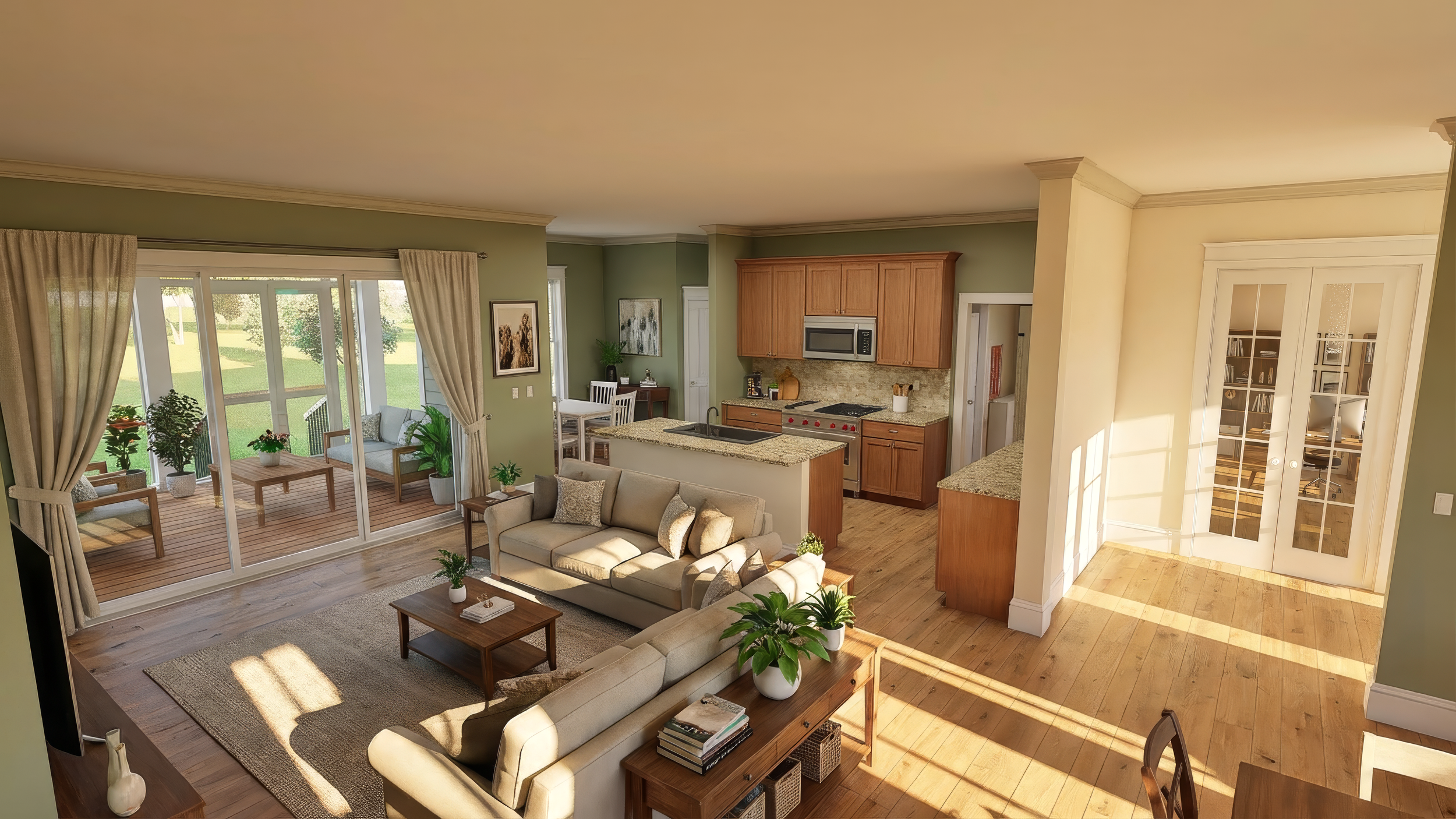 Living room view showing beige sofas, wooden coffee table, plants, and sliding glass doors opening to a balcony with outdoor seating and greenery.