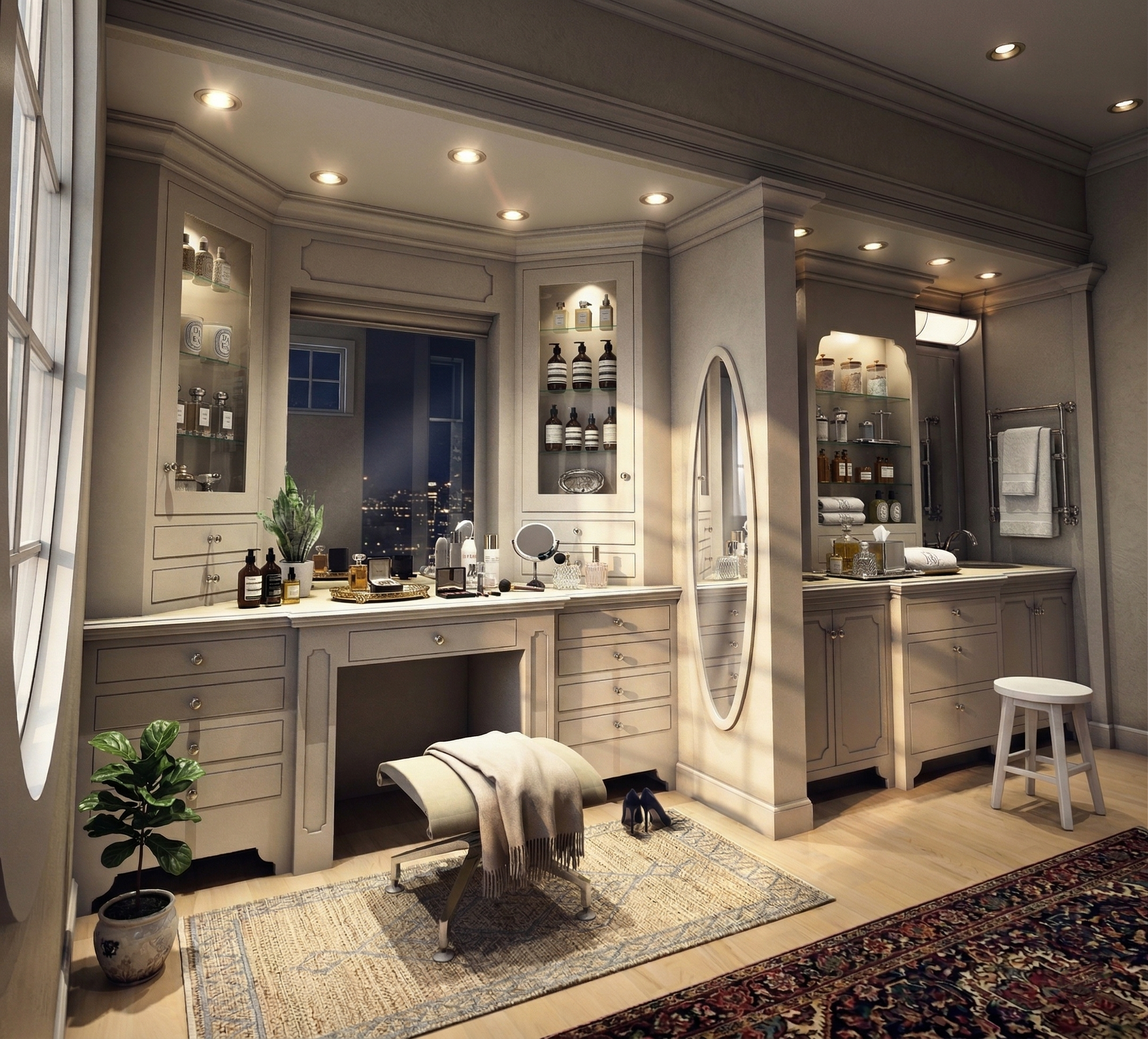 Bathroom with a vanity and makeup area, illuminated by recessed ceiling lights, featuring shelves with bottles and containers, a window with city view, and a mirror.